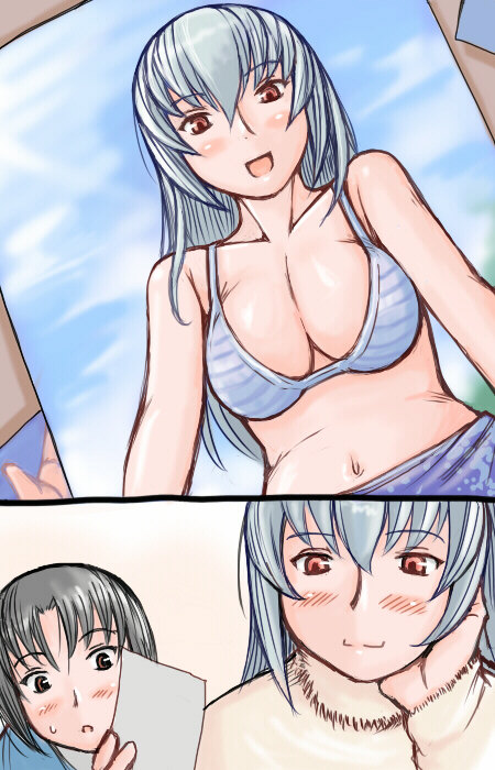 tsuda nanafushi, kashiwaba tomoe, suigintou, rozen maiden, silver hair, 00s, aged up, bikini, black hair, breasts, brown eyes, large breasts, long hair, photo (object), red eyes, short hair, swimsuit