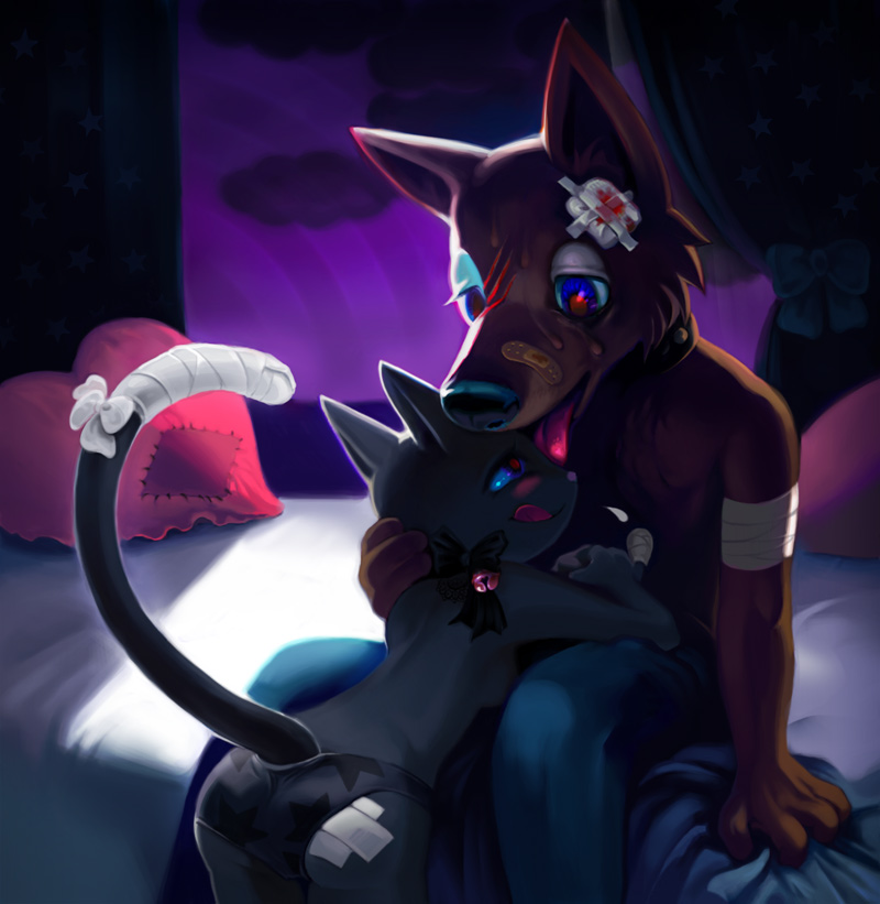 yukaman, bandages, bed, blood, bow, cat, cloud, dog, furry, pillow, star (symbol), topless female