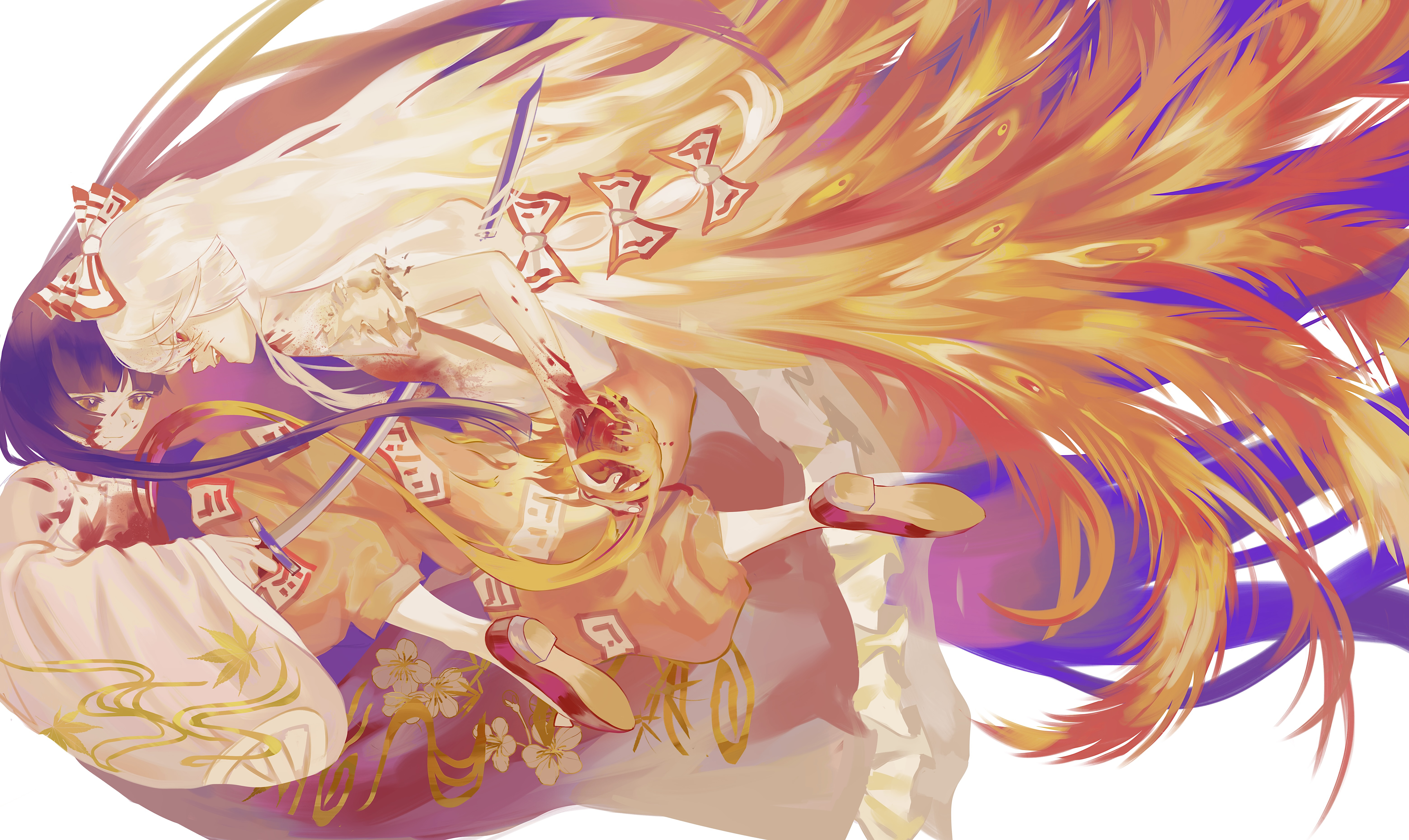 huameiyu, fujiwara no mokou, houraisan kaguya, touhou, absurdres, commentary request, highres, 2girls, :d, absurdly long hair, black hair, bleeding, blood, bow, brown eyes, fang, fire, floral print, floral print skirt, from side, hair bow, heart (organ), holding, holding heart (organ), holding sword, holding weapon, light smile, long hair, long sleeves, multiple girls, ofuda, ofuda on clothes, open mouth, pants, phoenix feather, pink shirt, print skirt, red eyes, red pants, red shoes, red skirt, red suspenders, shirt, shoes, short sleeves, skirt, smile, stab, sword, torn clothes, very long hair, weapon, white background, white bow, white hair