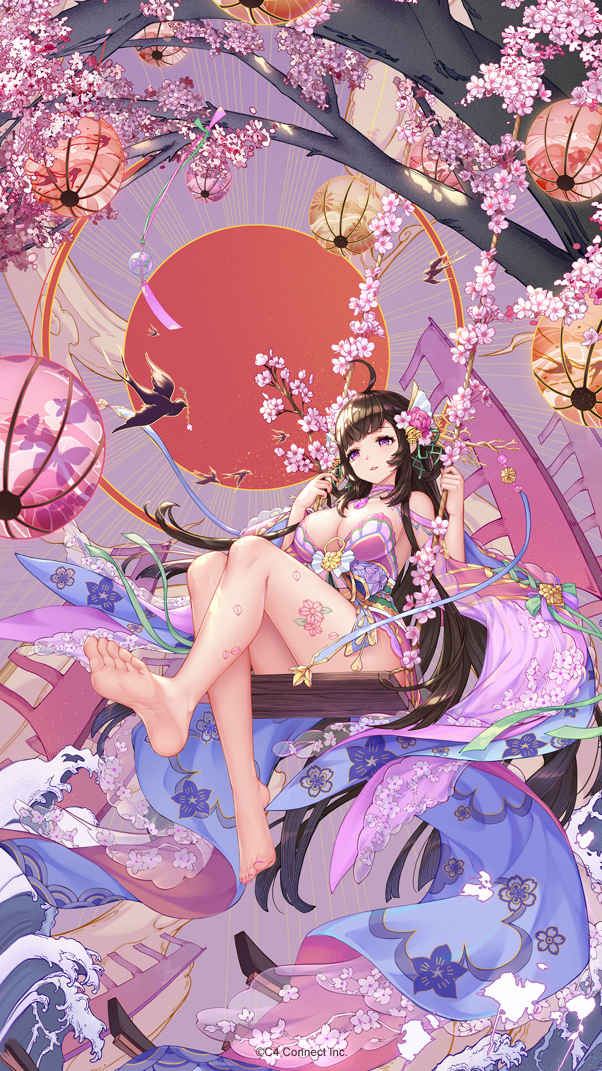 houchi shoujo, character request, highres, official art, :o, ahoge, bare shoulders, barefoot, bird, breasts, brown hair, cherry blossoms, cleavage, flower, forced perspective, full body, lantern, large breasts, long hair, nail polish, on swing, paper lantern, parted lips, pink eyes, pink flower, pink nails, solo, swing, toenail polish, toenails, tree, very long hair, waves
