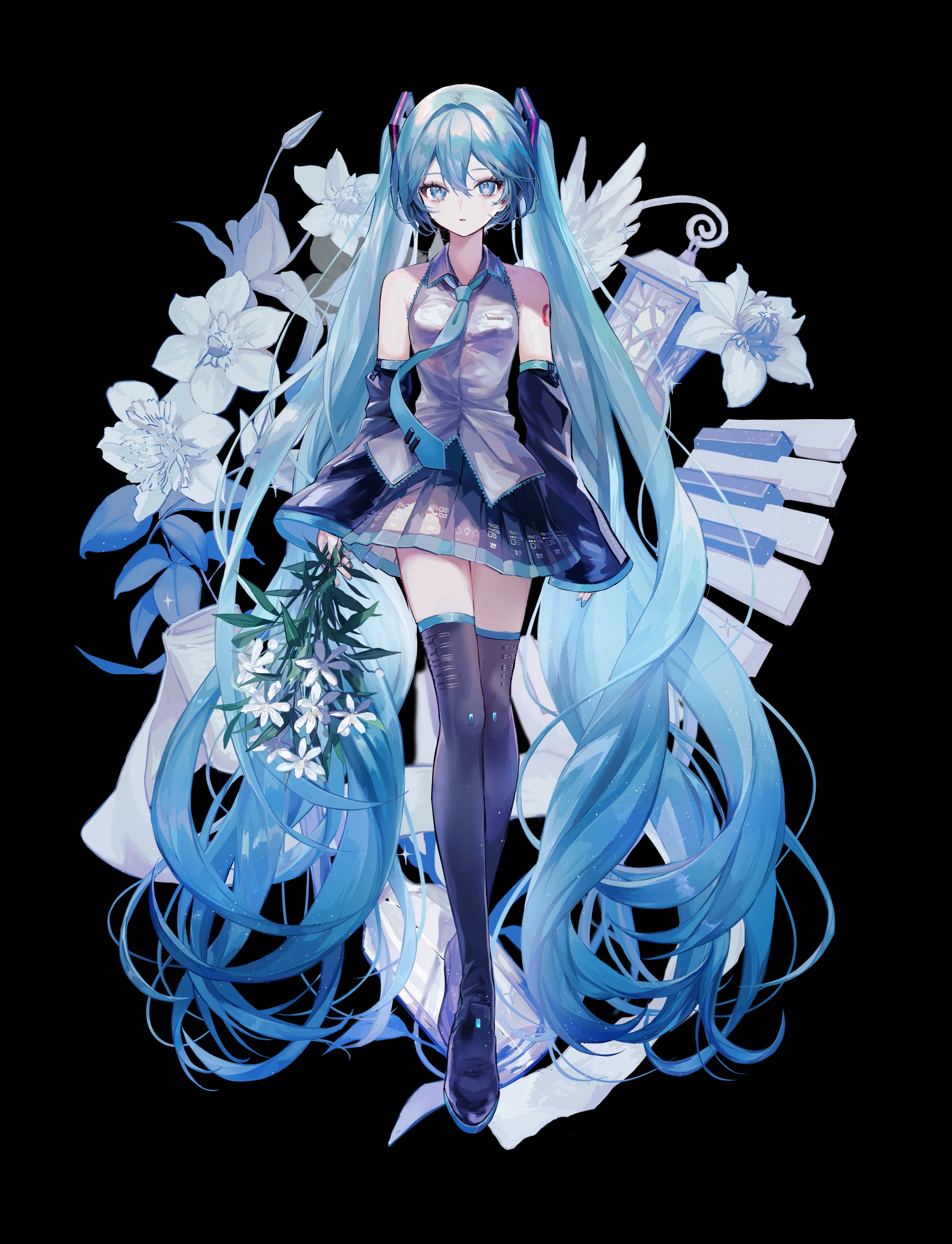 pipi (pipinavigation), hatsune miku, vocaloid, absurdres, commentary request, highres, 1girl, aqua eyes, aqua hair, aqua necktie, aqua trim, arm tattoo, black background, black skirt, blush, breasts, collared shirt, detached sleeves, flower, full body, grey shirt, hair between eyes, hair ornament, holding, holding flower, long hair, long sleeves, looking at viewer, medium breasts, miniskirt, necktie, number tattoo, open mouth, pleated skirt, shirt, simple background, skirt, sleeveless, sleeveless shirt, solo, tattoo, thighhighs, twintails, very long hair, white flower, wide sleeves, zettai ryouiki