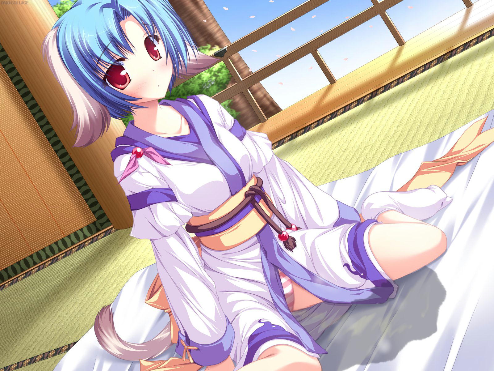 character request, highres, source request, 1girl, animal ears, bed, bedwetting, blue hair, female focus, indoors, japanese clothes, kimono, nature, panties, peeing, peeing self, plant, purposeful wetting, sky, solo, striped clothes, striped panties, tabi, tail, underwear, wet, wet clothes, wet panties