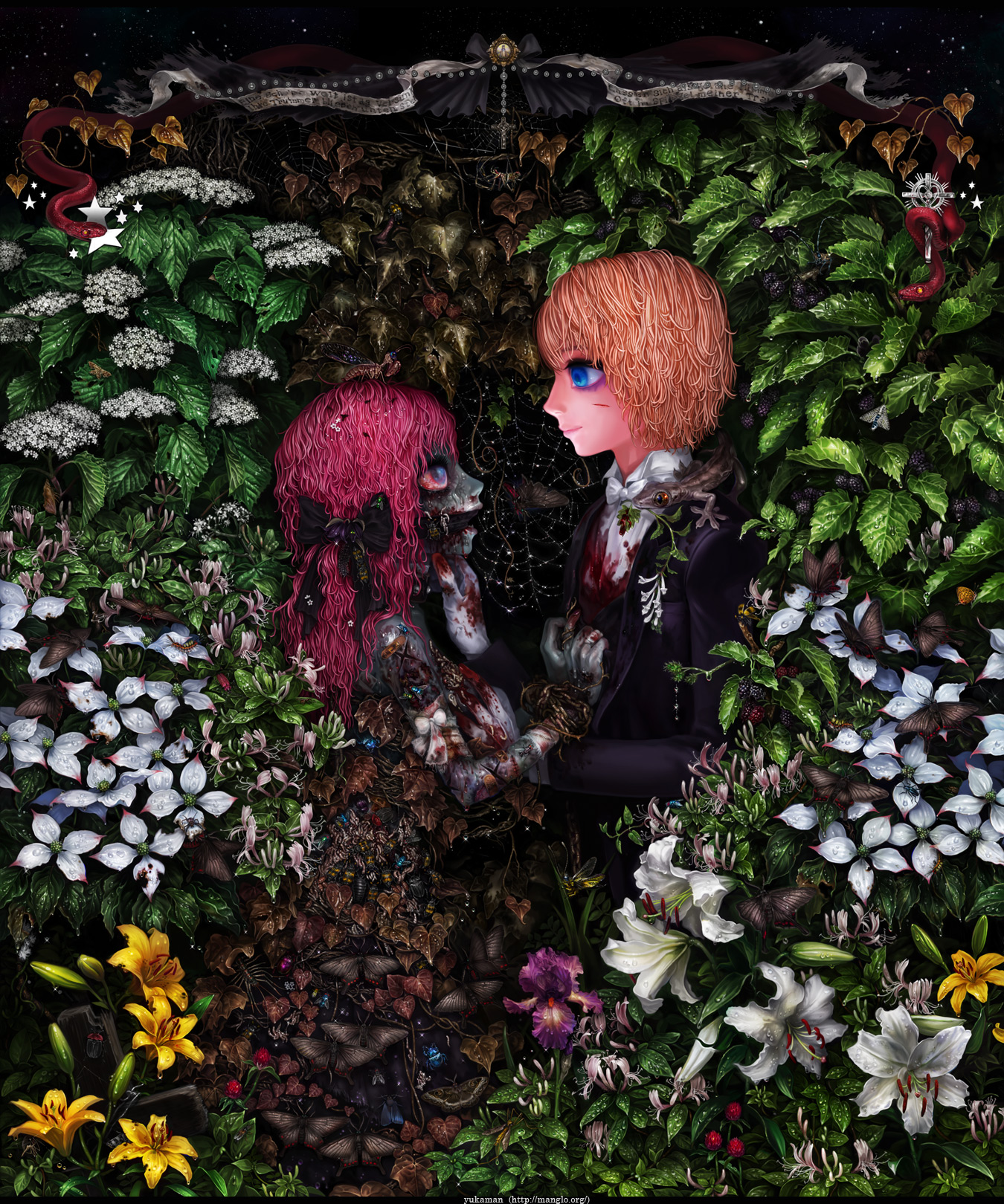 yukaman, highres, blood, bug, butterfly, cross, flower, garden, guro, pink hair, snake