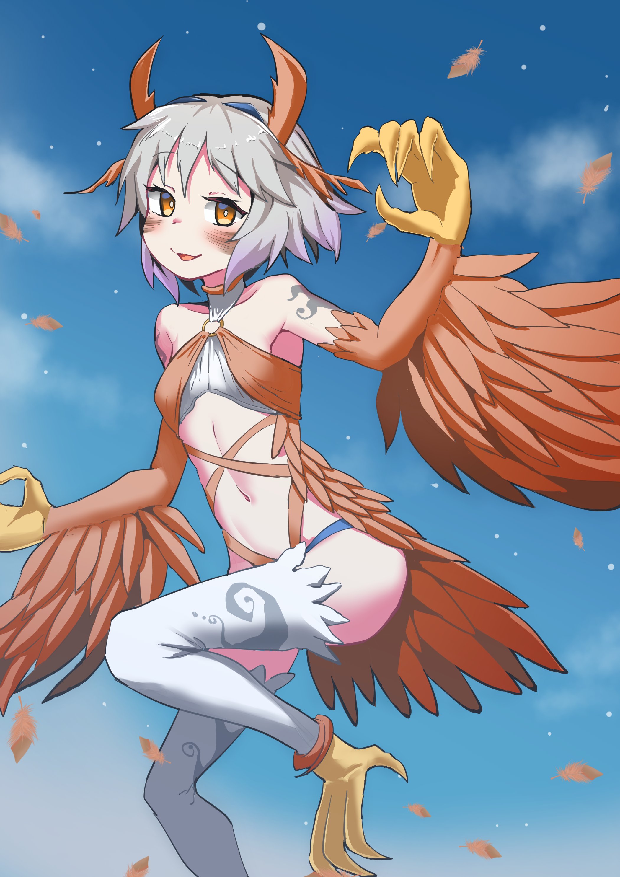tomiyama mishiro, original, absurdres, highres, 1girl, bare shoulders, bird legs, bird tail, blush, breasts, bright pupils, claws, feathered wings, flying, grey hair, harpy, horns, looking at viewer, monster girl, navel, open mouth, orange eyes, orange feathers, orange wings, short hair, small breasts, solo, tail, talons, thighhighs, white pupils, white thighhighs, winged arms, wings