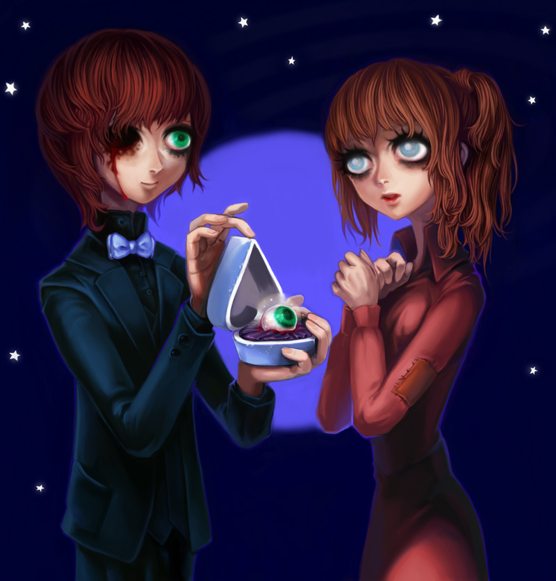 yukaman, original, 1boy, 1girl, blind, blood, blue eyes, bow, bowtie, brown hair, dress, empty eyes, eyeball, formal clothes, gift, green eyes, guro, illuminati, marriage proposal, short twintails, star (symbol), suit, traditional bowtie, tuxedo, twintails
