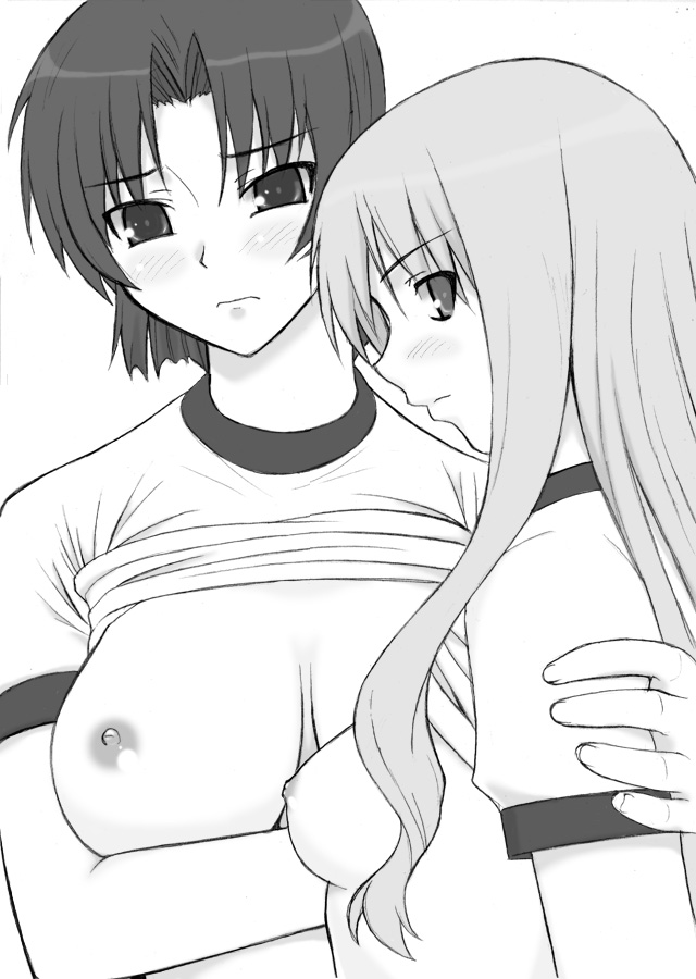 shichimenchou, bazett fraga mcremitz, caren hortensia, fate/hollow ataraxia, fate/stay night, fate (series), 00s, 2girls, breasts, clothes lift, greyscale, gym uniform, large breasts, monochrome, multiple girls, nipples, shirt lift, simple background