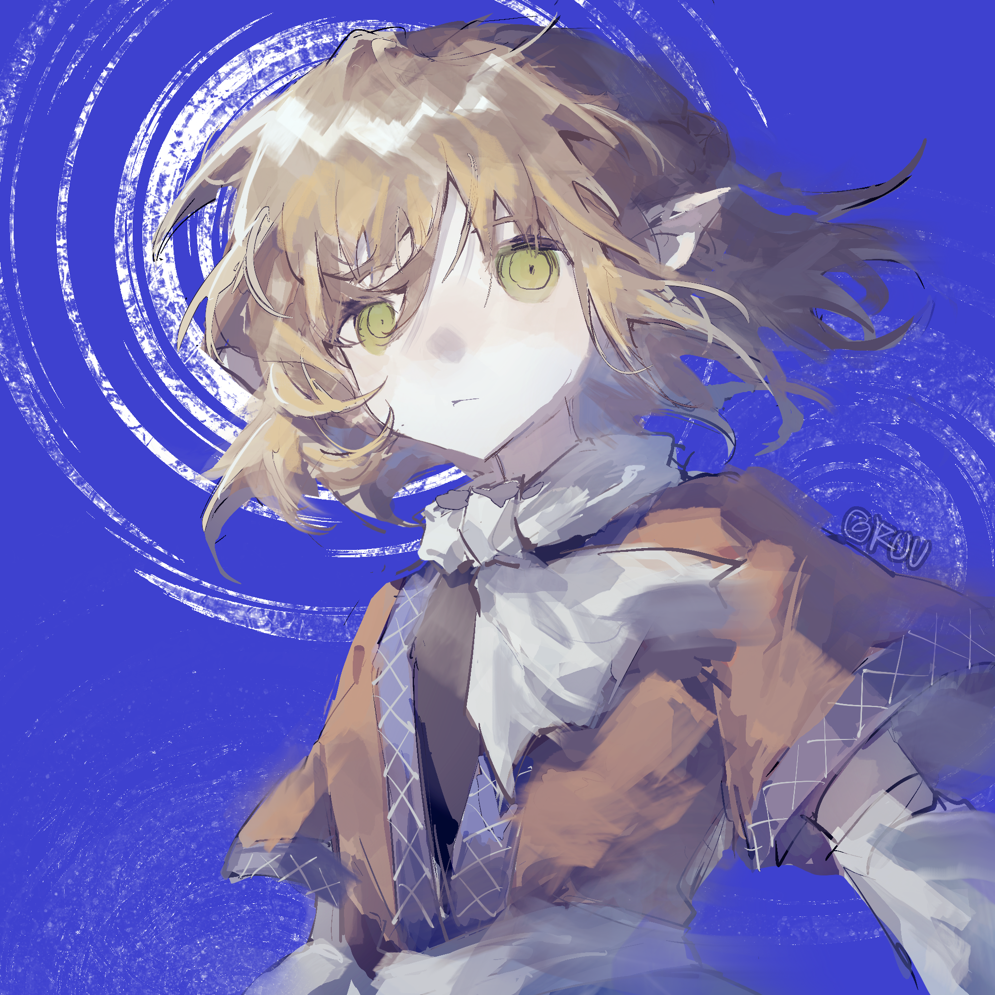 shui fou, mizuhashi parsee, touhou, commentary request, highres, 1girl, arm warmers, artist name, black tank top, blonde hair, brown shirt, closed mouth, empty eyes, green eyes, hair between eyes, looking at viewer, pointy ears, purple background, scarf, shirt, short hair, short sleeves, simple background, solo, tank top, upper body, white arm warmers, white scarf