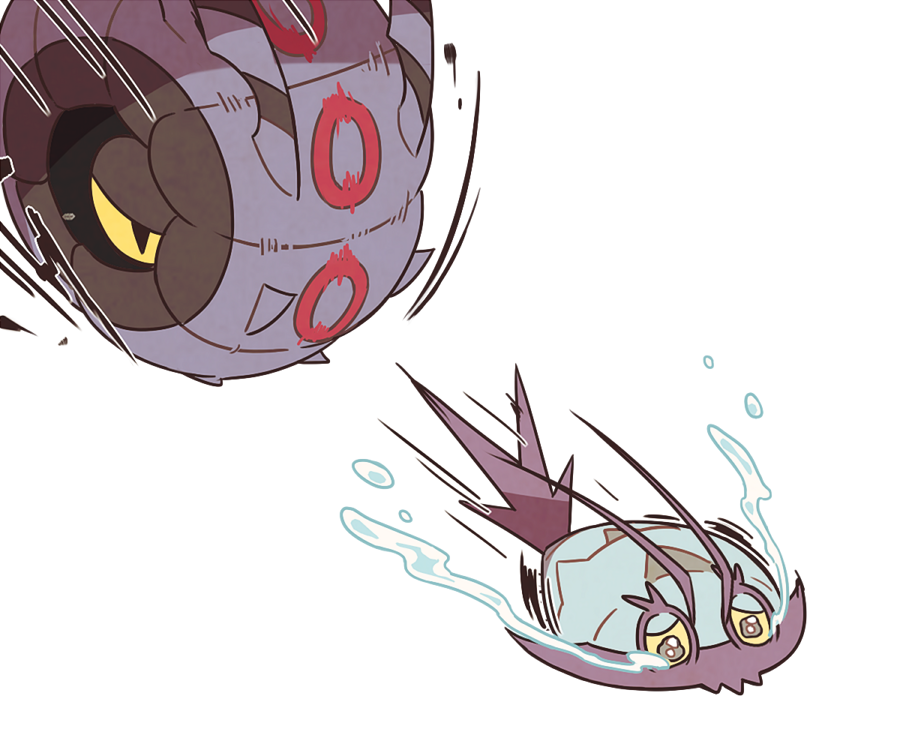 ssalbulre, whirlipede, wimpod, nintendo, pokemon, antennae, bug, chasing, cocoon, colored sclera, colored skin, gen 5 pokemon, gen 7 pokemon, grey skin, isopod, millipede, multicolored skin, no humans, pokemon (creature), pokemon focus, purple skin, scared, slit pupils, spikes, tearing up, two-tone skin, v-shaped eyes, yellow sclera