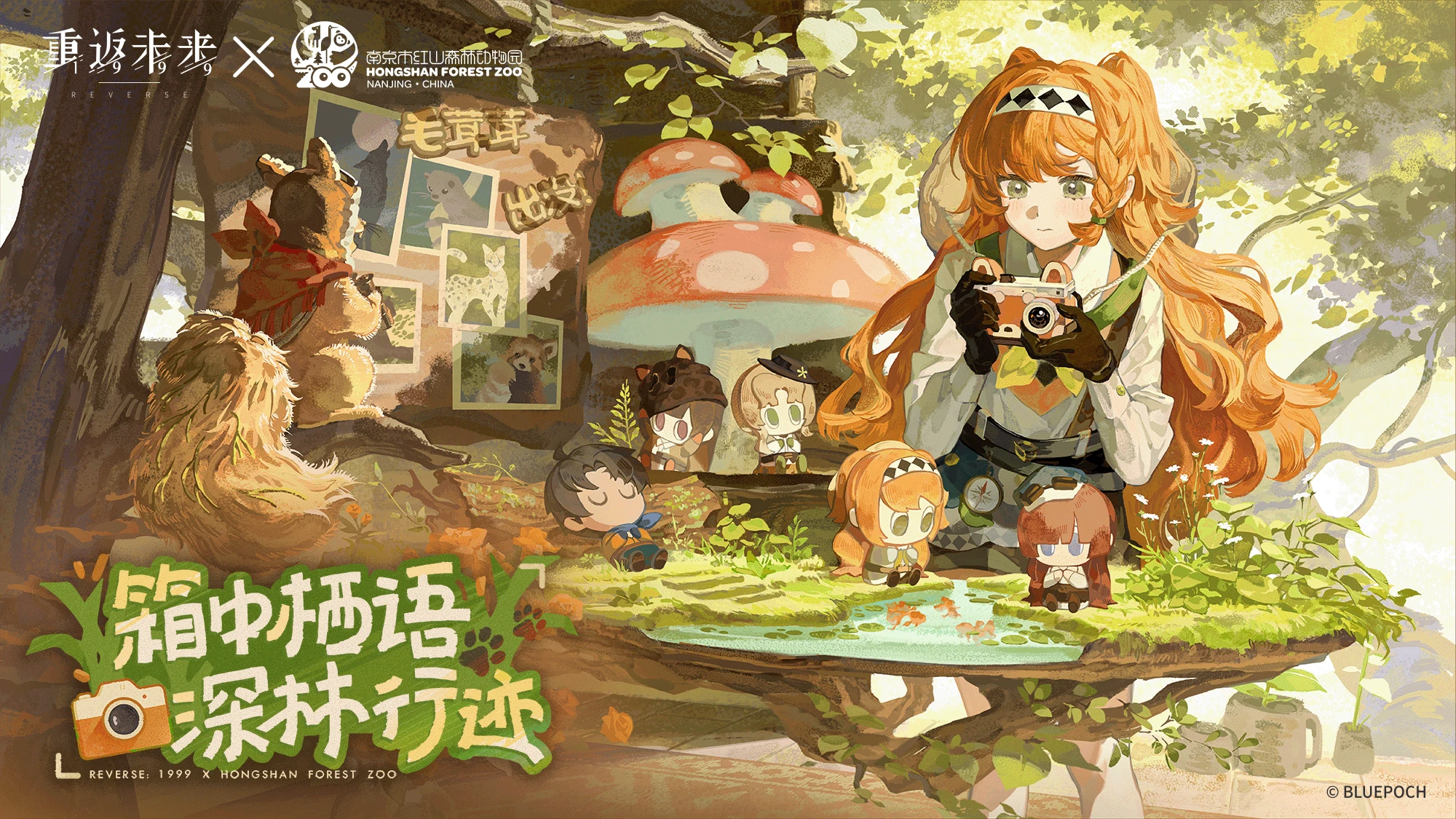 druvis iii, j (reverse:1999), semmelweis (reverse:1999), sonetto (reverse:1999), yenisei (reverse:1999), reverse:1999, highres, official art, promotional art, 1girl, argyle clothes, argyle hairband, black gloves, braid, braided sidelock, brown hat, brown shorts, buddy fairchild, bulletin board, camera, character doll, chinese text, closed mouth, compass, copyright name, copyright notice, day, doll, feet out of frame, forest, gloves, green eyes, green neckerchief, hat, hat on back, holding, holding camera, logo, long hair, looking at doll, mushroom, nature, neckerchief, official alternate costume, orange hair, otter, outdoors, photo (object), red panda, serval, shirt, shorts, solo, squirrel, tree, two side up, wavy mouth, white shirt, wolf