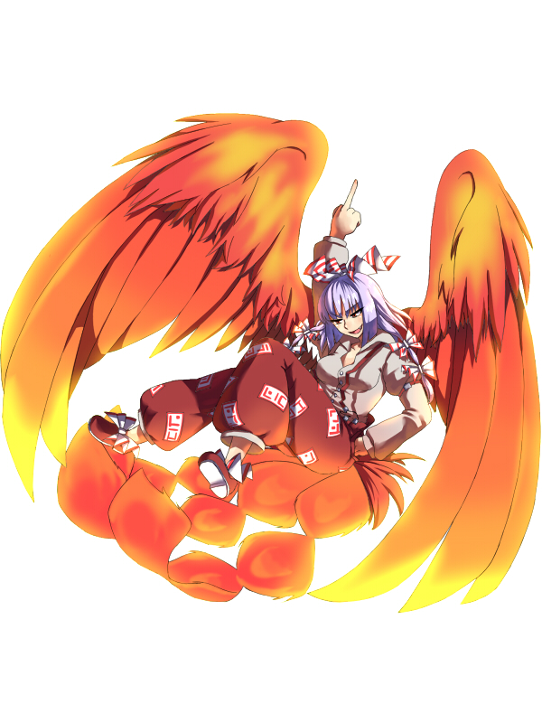 mizu mochi, fujiwara no mokou, touhou, silver hair, bad id, bad pixiv id, 1girl, bow, female focus, fiery wings, hair bow, hair ribbon, multiple hair bows, panties, red eyes, ribbon, short hair, solo, suspenders, tail, underwear, wings