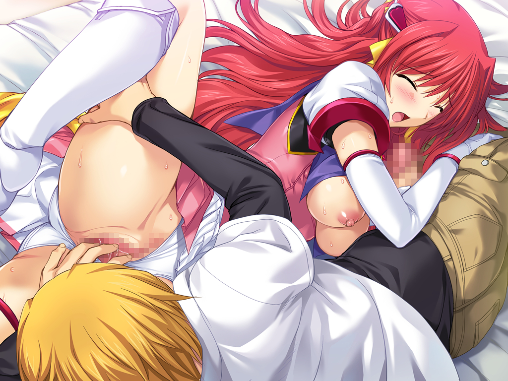 onigirikun, escalayer, kouenji sayuka, yanase kyouhei, choukou (alicesoft), choukou tenshi escalayer, game cg, large variant set, non-web source, official art, variant set, 1boy, 1girl, 69, bed, bed sheet, blonde hair, blush, boots, breasts, breasts out, censored, closed eyes, clothing aside, elbow gloves, fingering, gloves, hetero, knee boots, large breasts, leg lift, leg up, long hair, lying, magical girl, mosaic censoring, nipples, on side, open mouth, oral, pants, penis, pussy, pussy juice, red hair, shirt, skirt, spread legs, sweat, underwear, very long hair, white gloves