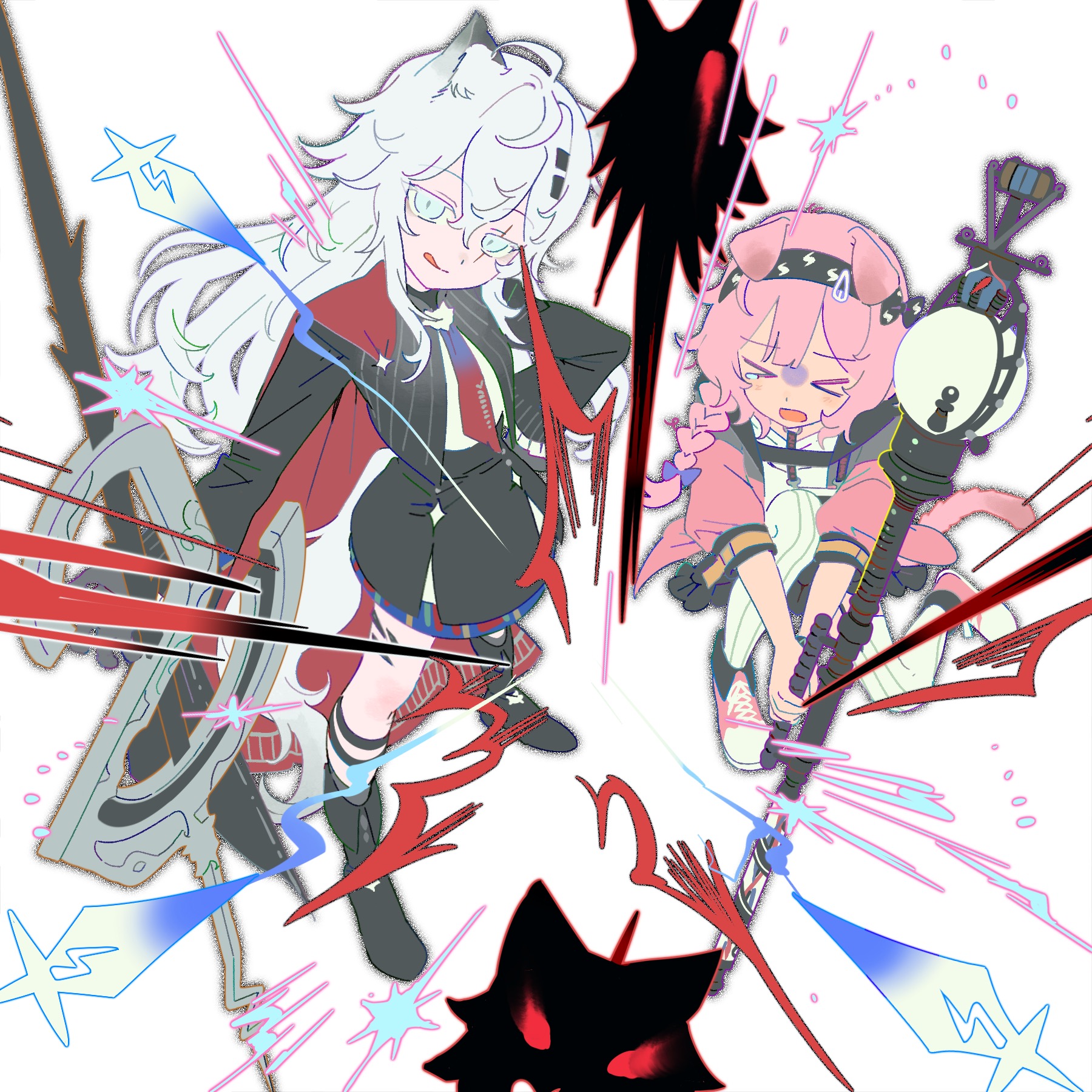 goldenglow (arknights), lappland (arknights), lappland the decadenza (arknights), arknights, highres, > <, animal ears, black boots, black gloves, black hairband, black jacket, black skirt, boots, cat ears, from above, full body, gloves, gradient necktie, hair between eyes, hair ornament, hairband, hairclip, hand on own hip, holding, holding staff, holding weapon, jacket, lightning bolt print, long hair, long sleeves, looking at viewer, necktie, pink hair, pink jacket, scar, scar across eye, scar on face, shirt, skirt, smile, staff, standing, standing on one leg, tongue, tongue out, two-tone necktie, weapon, white background, white hair, white shirt, wolf ears, wolf girl, zhouer de wushui