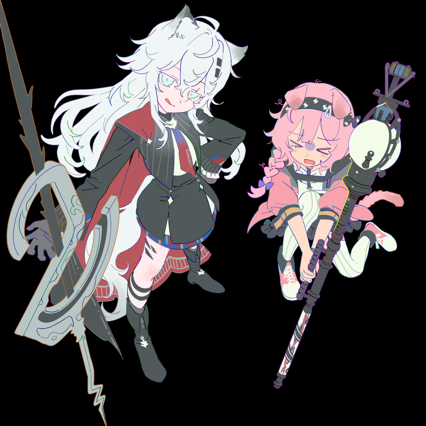 goldenglow (arknights), lappland (arknights), lappland the decadenza (arknights), arknights, highres, animal ears, black background, black gloves, black hairband, black jacket, cat ears, from above, full body, gloves, gradient necktie, hair between eyes, hair ornament, hairband, hairclip, jacket, lightning bolt print, long hair, long sleeves, looking at viewer, necktie, pink hair, scar, scar across eye, scar on face, shirt, smile, standing, standing on one leg, two-tone necktie, white shirt, wolf ears, wolf girl, zhouer de wushui