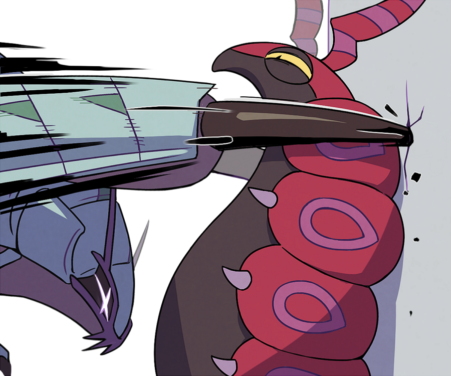 ssalbulre, golisopod, scolipede, nintendo, pokemon, against wall, antennae, black claws, black sclera, black skin, bug, centipede, claws, colored sclera, colored skin, extra arms, gen 5 pokemon, gen 7 pokemon, giant isopod, grey skin, half-closed eyes, isopod, multicolored skin, no humans, pokemon (creature), pokemon focus, purple skin, red skin, slit pupils, two-tone skin, v-shaped eyes, yellow sclera