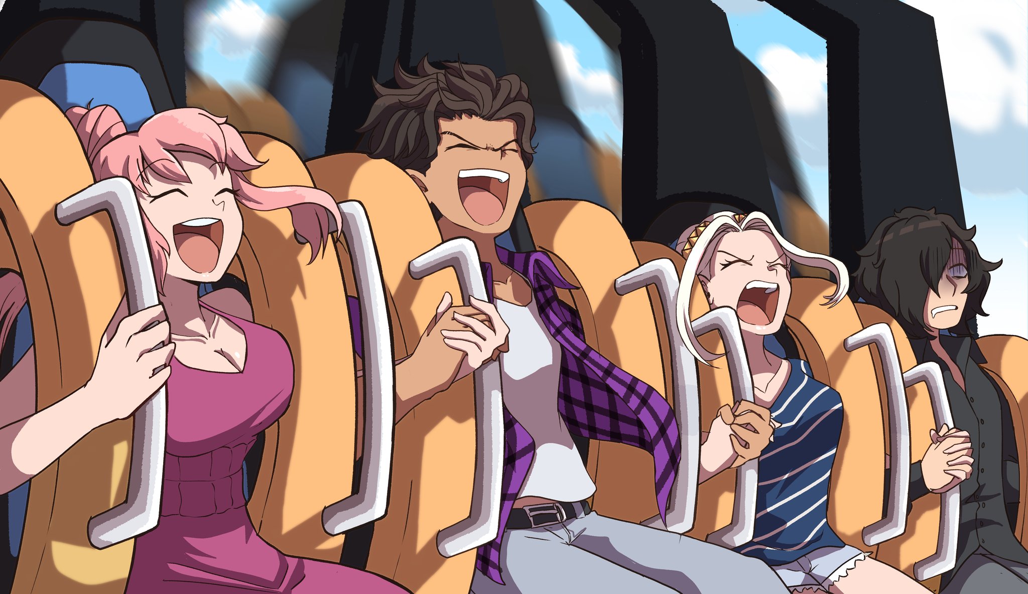 notus 49, claude von riegan, edelgard von hresvelg, hilda valentine goneril, hubert von vestra, fire emblem, fire emblem: three houses, nintendo, highres, 2boys, 2girls, amusement park, black hair, brown hair, holding hands, multiple boys, multiple girls, pink hair, roller coaster, white hair