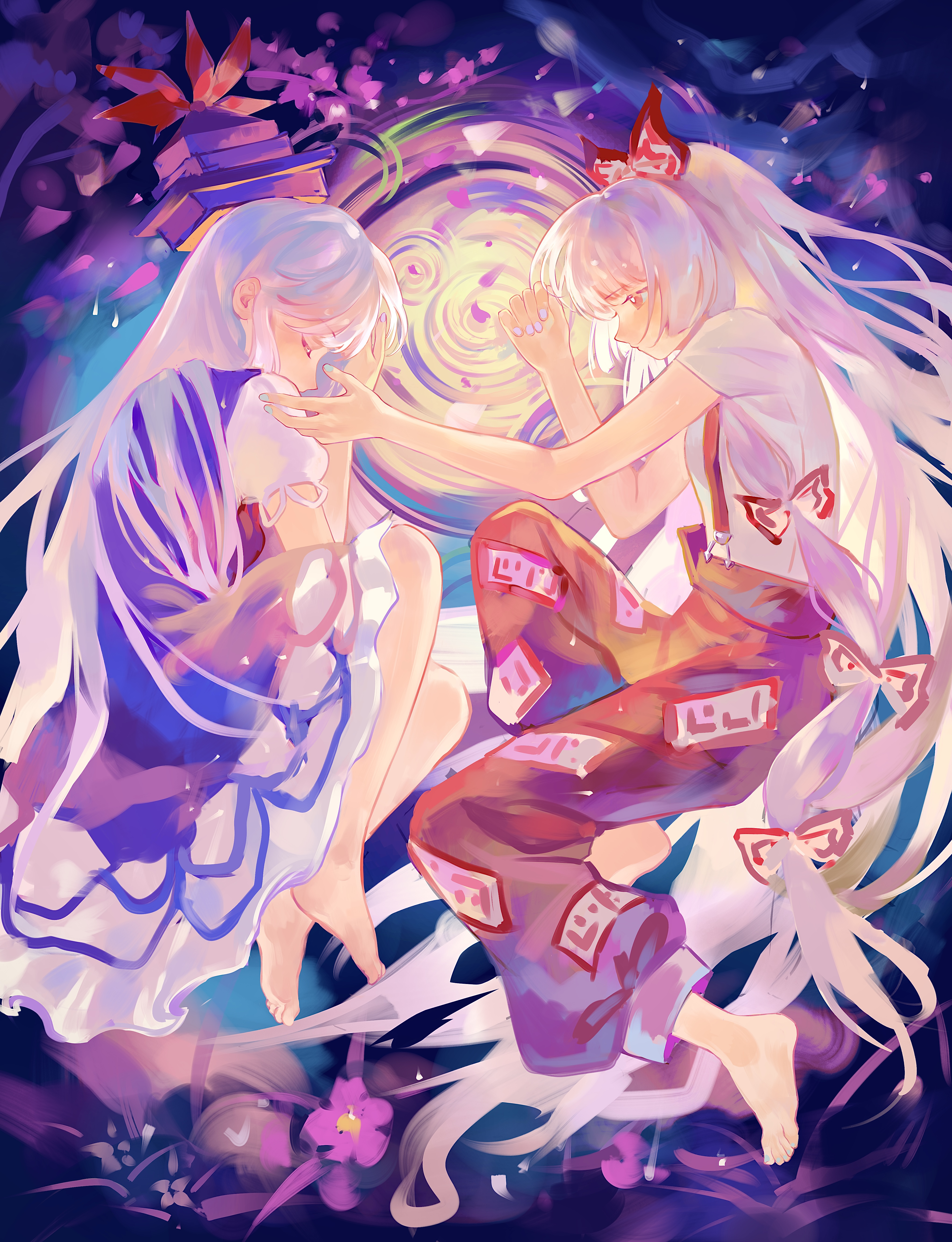 huameiyu, fujiwara no mokou, kamishirasawa keine, touhou, absurdres, commentary request, highres, 2girls, barefoot, blue dress, blue hat, blue nails, bow, closed eyes, dress, flower, from side, hair bow, hat, hat ribbon, knees, long hair, looking at viewer, multiple girls, neckerchief, ofuda, ofuda on clothes, pants, ponytail, puffy short sleeves, puffy sleeves, purple flower, reaching, reaching towards another, red bow, red eyes, red neckerchief, red pants, red ribbon, red suspenders, ribbon, ripples, shirt, short sleeves, very long hair, white hair, white shirt