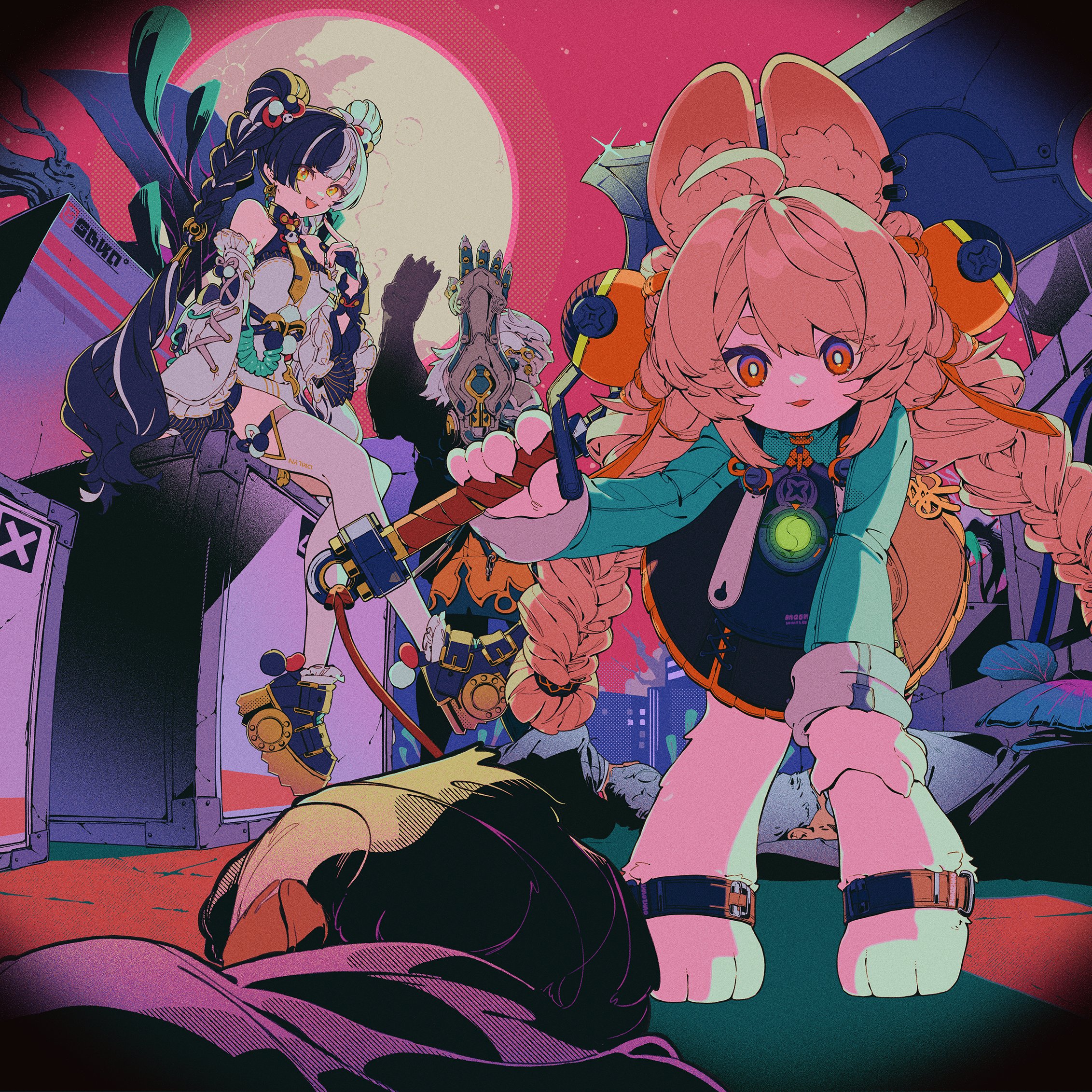 keishin, banyue (zenless zone zero), dialyn (zenless zone zero), zhao (zenless zone zero), zenless zone zero, commentary, english commentary, highres, second-party source, 1boy, 2girls, asymmetrical sleeves, black hair, braid, china dress, chinese clothes, detached sleeves, double bun, dress, hair bun, long hair, long sleeves, looking at viewer, mismatched sleeves, multicolored hair, multiple girls, open mouth, sitting, smile, thighhighs, two-tone hair, white hair, white thighhighs