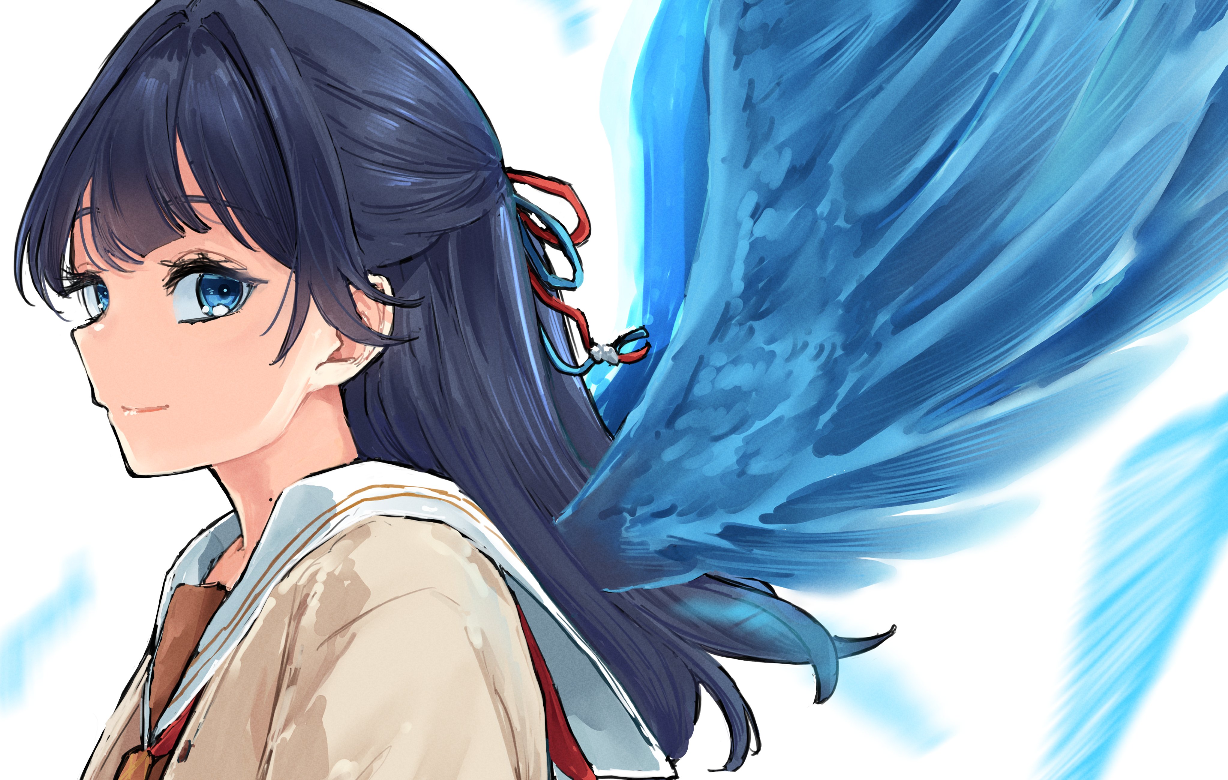 mendo (mend0o0), murano sayaka, link! like! love live!, love live!, absurdres, commentary request, highres, 1girl, blue eyes, blue hair, blue ribbon, blue wings, brown cardigan, cardigan, hair ribbon, hajimari no haneoto, half updo, long hair, looking at viewer, mole, mole on neck, neckerchief, open cardigan, open clothes, red neckerchief, red ribbon, ribbon, sailor collar, sideways mouth, smile, solo, virtual youtuber, white sailor collar, wings, winter uniform