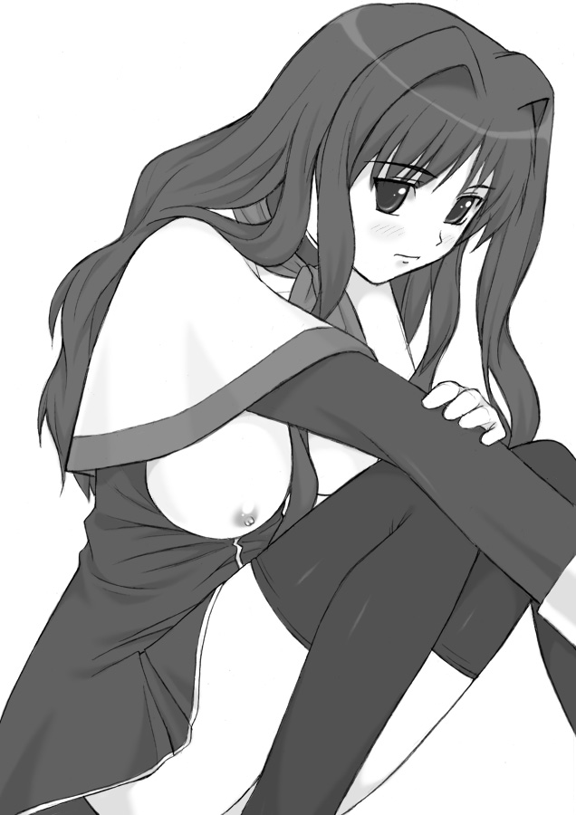 shichimenchou, misaka kaori, kanon, 1girl, breasts, female focus, greyscale, large breasts, long hair, monochrome, nipples, open clothes, school uniform, simple background, solo, squatting, thighhighs
