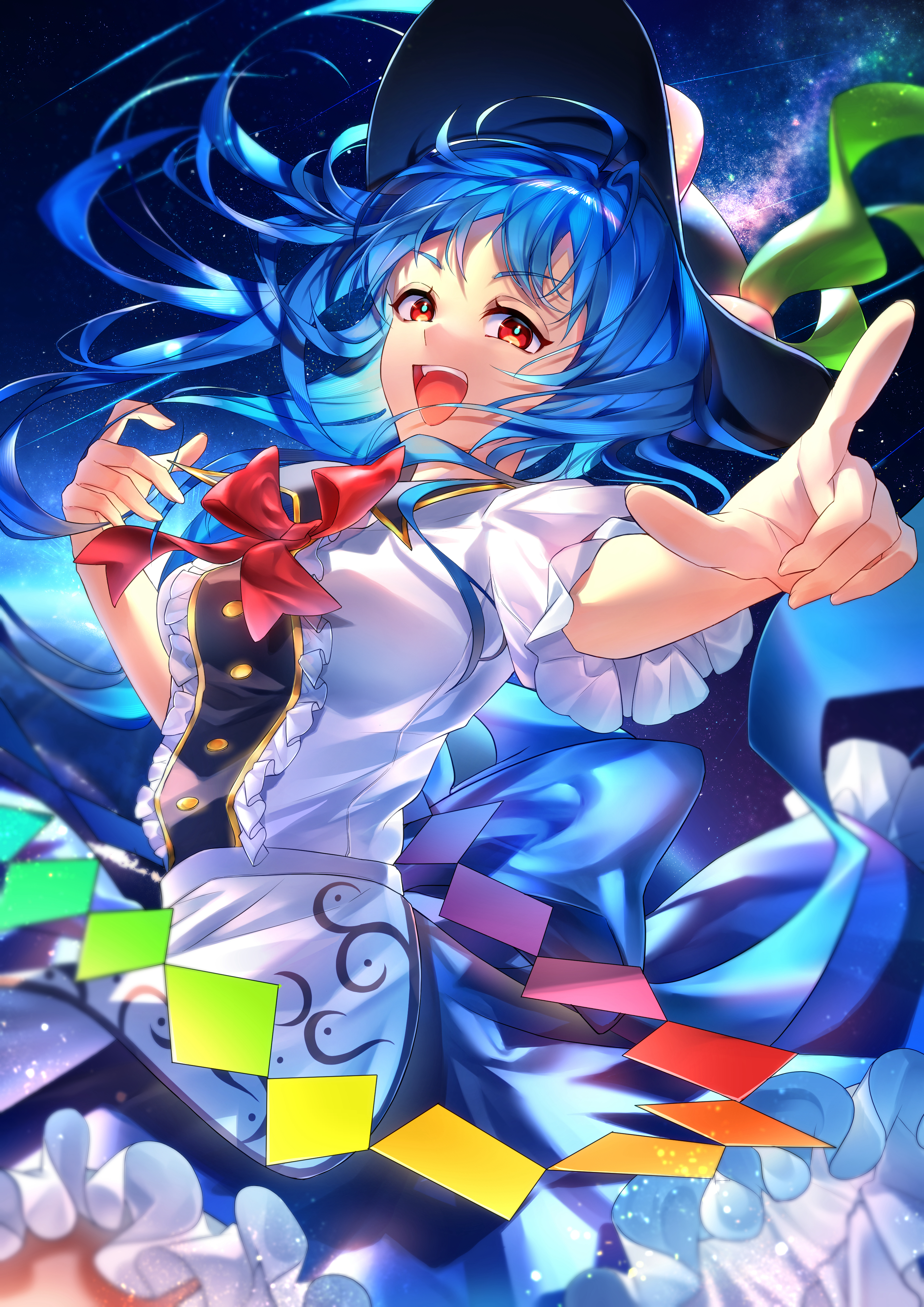 hinanawi tenshi, touhou, absurdres, commentary request, highres, 1girl, :d, apron, back bow, black hat, blue bow, blue hair, blue skirt, blurry, bow, bowtie, breasts, cowboy shot, depth of field, floating hair, frilled shirt, frills, hat, kota 014pr, long hair, looking to the side, medium breasts, night, night sky, open mouth, peach hat ornament, petticoat, pointing, puffy short sleeves, puffy sleeves, rainbow order, red bow, red bowtie, red eyes, shirt, short sleeves, skirt, sky, smile, solo, star (sky), starry sky, teeth, upper teeth only, white apron, white shirt