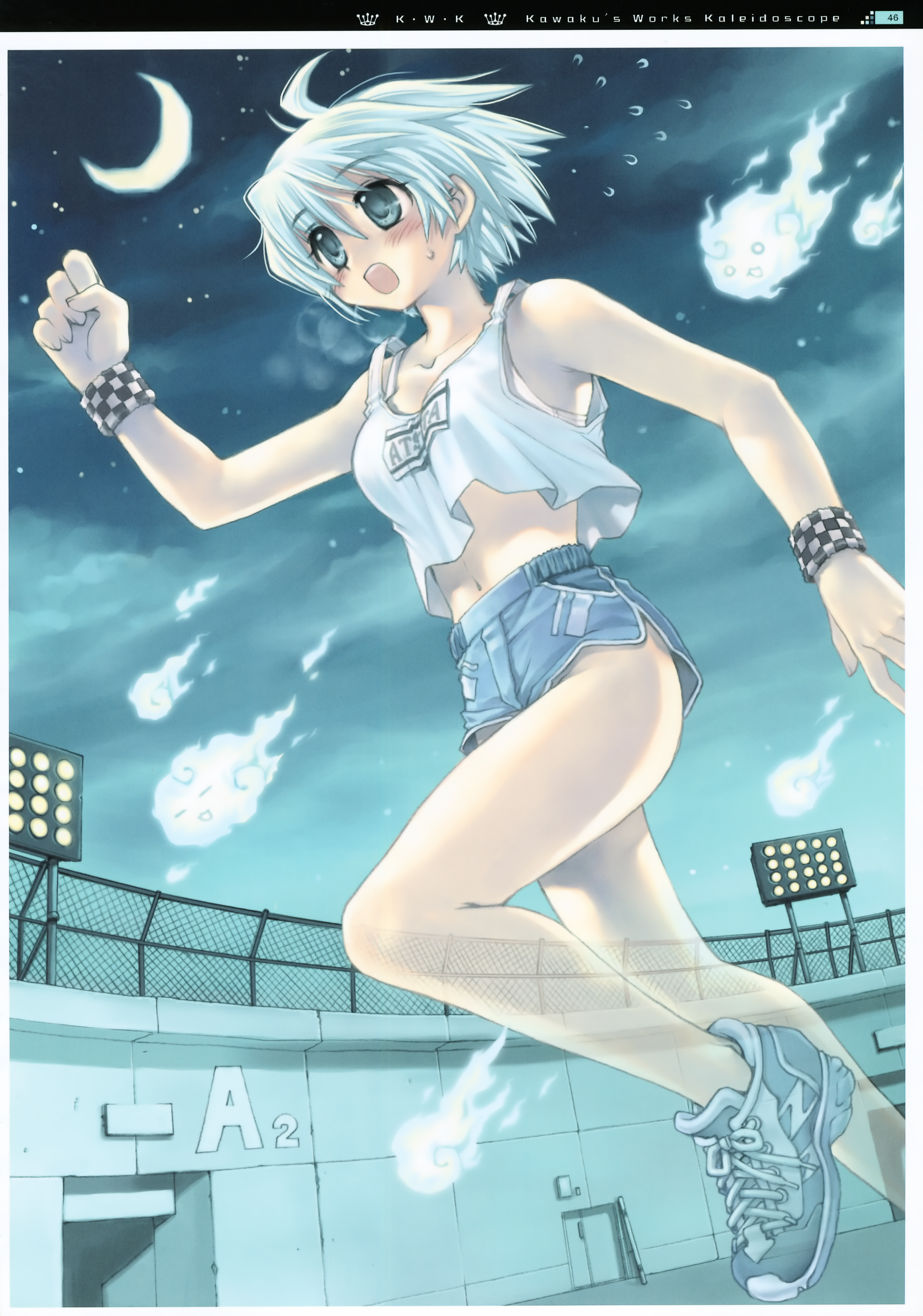 kawaku, absurdres, highres, blue hair, blush, bra, bracelet, crop top, ghost, jewelry, lingerie, midriff, moon, night, open mouth, see-through clothes, short hair, shorts, solo, underwear