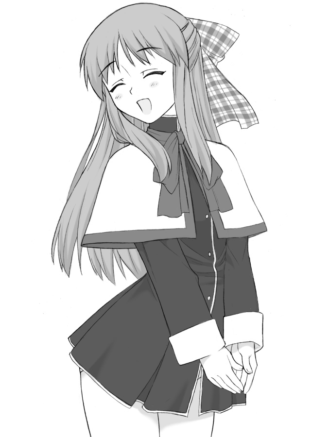 shichimenchou, kurata sayuri, kanon, greyscale, long hair, monochrome, panties, pantyshot, ribbon, school uniform, simple background, smile, solo, underwear