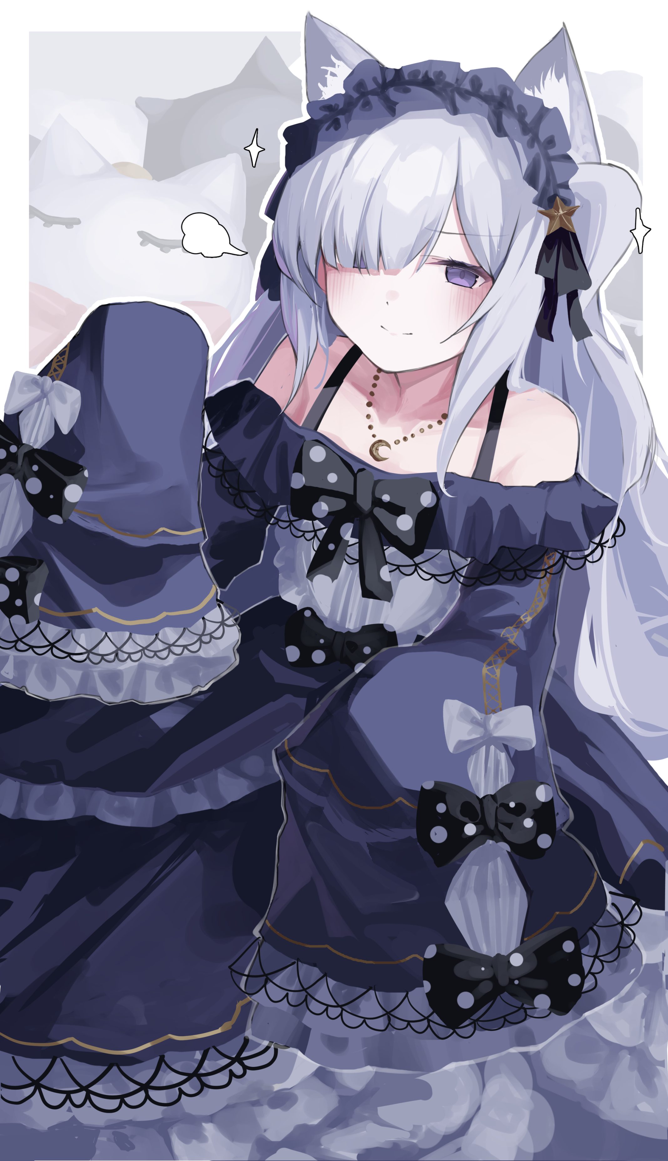 supic1711, natsume an-an, mahou shoujo no majo saiban, absurdres, commentary request, highres, 1girl, animal ears, bare shoulders, black bow, black ribbon, blue hairband, bow, cat ears, closed mouth, crescent, crescent necklace, dress, frilled dress, frills, gothic lolita, hair over one eye, hairband, jewelry, kemonomimi mode, lolita fashion, lolita hairband, long hair, long sleeves, looking at viewer, necklace, outline, polka dot, polka dot bow, puff of air, purple eyes, ribbon, sleeves past fingers, sleeves past wrists, smile, solo, sparkle, star (symbol), very long hair, white outline