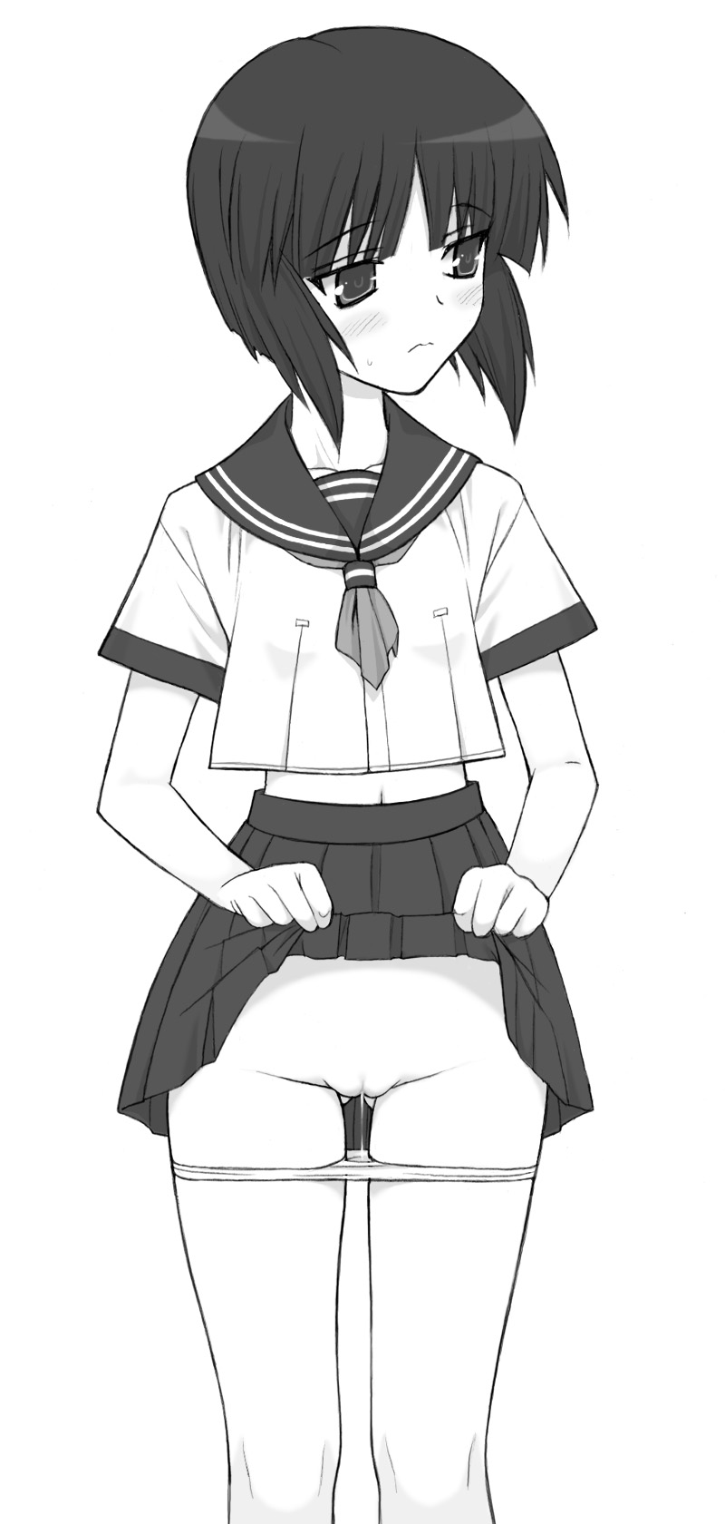 shichimenchou, kashiwagi kaede, kizuato, highres, 1girl, clothes lift, female focus, greyscale, monochrome, panties, panty pull, pussy, pussy juice, school uniform, short hair, simple background, skirt, skirt lift, solo, uncensored, underwear