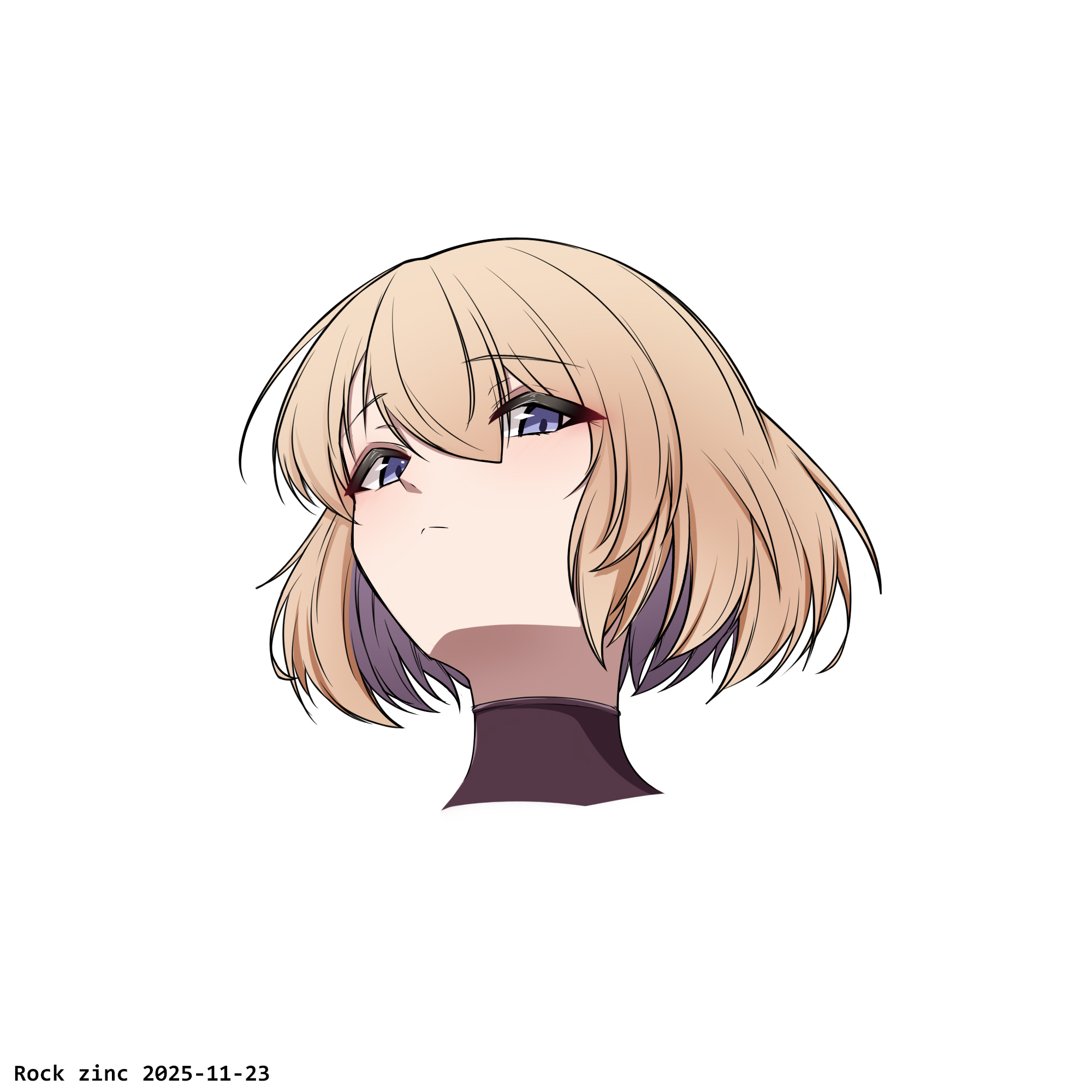 rock zinc, z23 (azur lane), azur lane, commentary request, highres, 1girl, artist name, brown hair, closed mouth, cropped shoulders, dated, hair between eyes, head only, looking at viewer, purple eyes, simple background, solo, white background