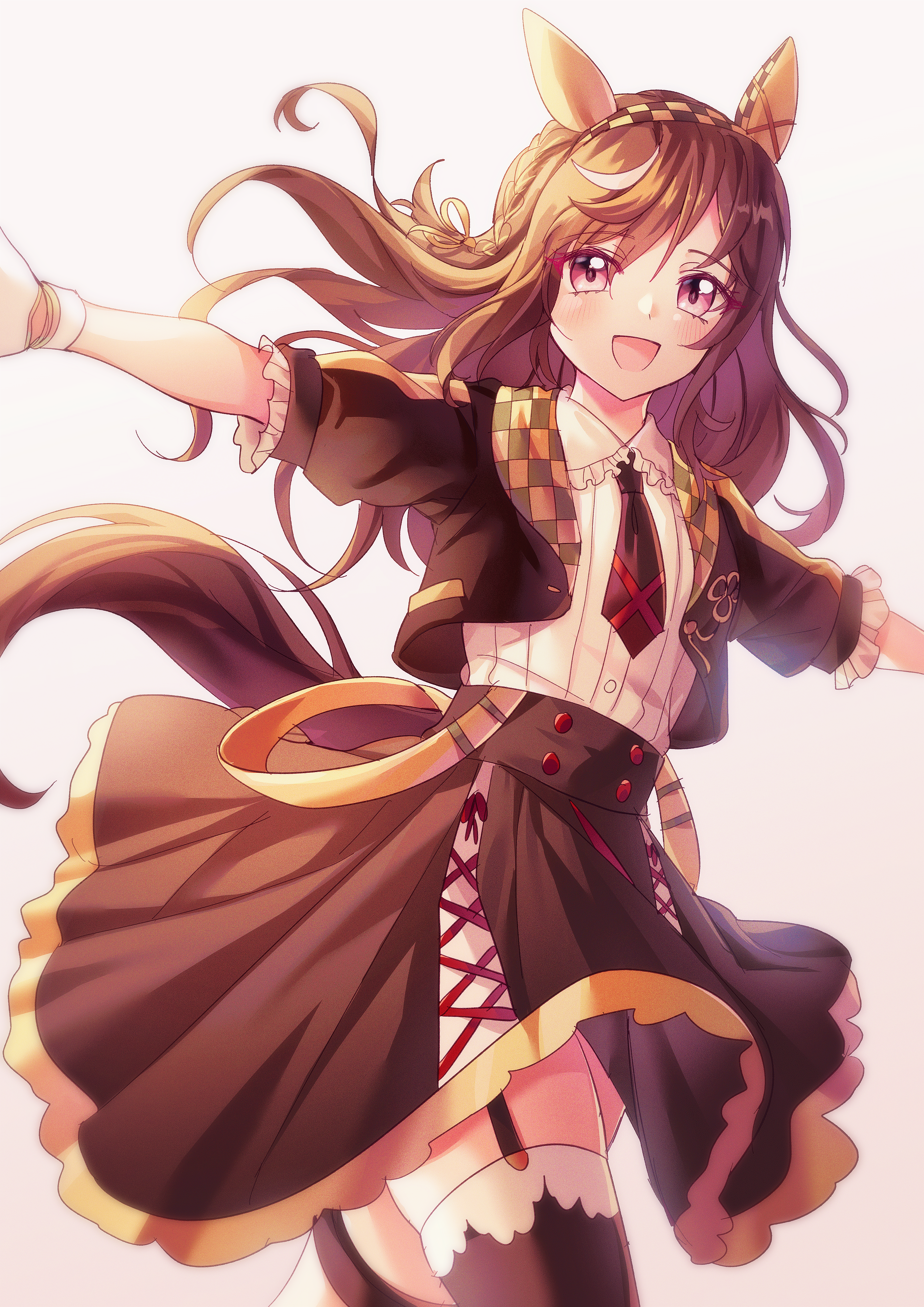 camellia (camel mal), buena vista (heroina inocente) (umamusume), buena vista (umamusume), umamusume, absurdres, highres, 1girl, animal ears, black jacket, black necktie, black skirt, black thighhighs, blush, breasts, brown hair, checkered hairband, ear covers, garter straps, hair between eyes, hair ornament, hairband, headband, horse ears, horse girl, horse tail, jacket, looking at viewer, medium hair, necktie, open clothes, open jacket, open mouth, outstretched arms, purple eyes, shirt, short sleeves, simple background, skirt, smile, solo, spread arms, tail, thighhighs, white shirt