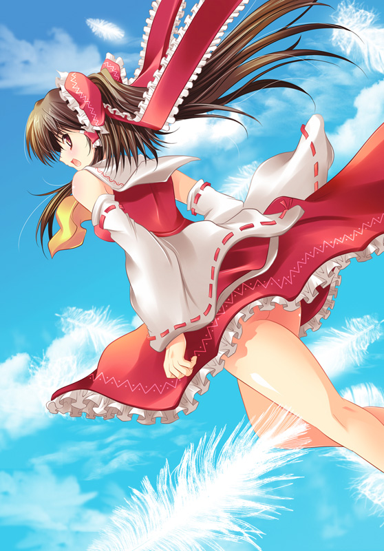 maki (seventh heaven maxion), hakurei reimu, touhou, 1girl, ascot, bare shoulders, brown hair, feathers, female focus, japanese clothes, long hair, looking back, miko, no panties, outdoors, red eyes, sky, solo, yellow ascot