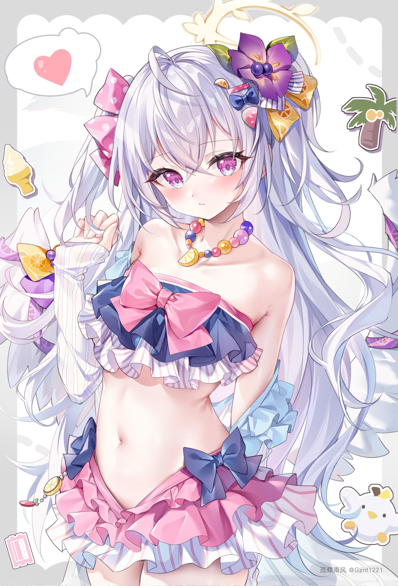 guzangnanfeng, azusa (blue archive), azusa (swimsuit) (blue archive), blue archive, highres, 1girl, angel wings, bead necklace, beads, bikini, bikini skirt, bow on wing, crescent halo, crossed bangs, feathered wings, flower, food-themed hair ornament, frilled bikini, frills, hair ornament, halo, heart, jewelry, long hair, looking at viewer, navel, necklace, official alternate costume, orange hair ornament, purple flower, ribbon-trimmed bikini, ribbon-trimmed swimsuit, ribbon trim, solo, spoken heart, strapless, strapless bikini, swimsuit, watermelon hair ornament, white wings, wings, yellow halo