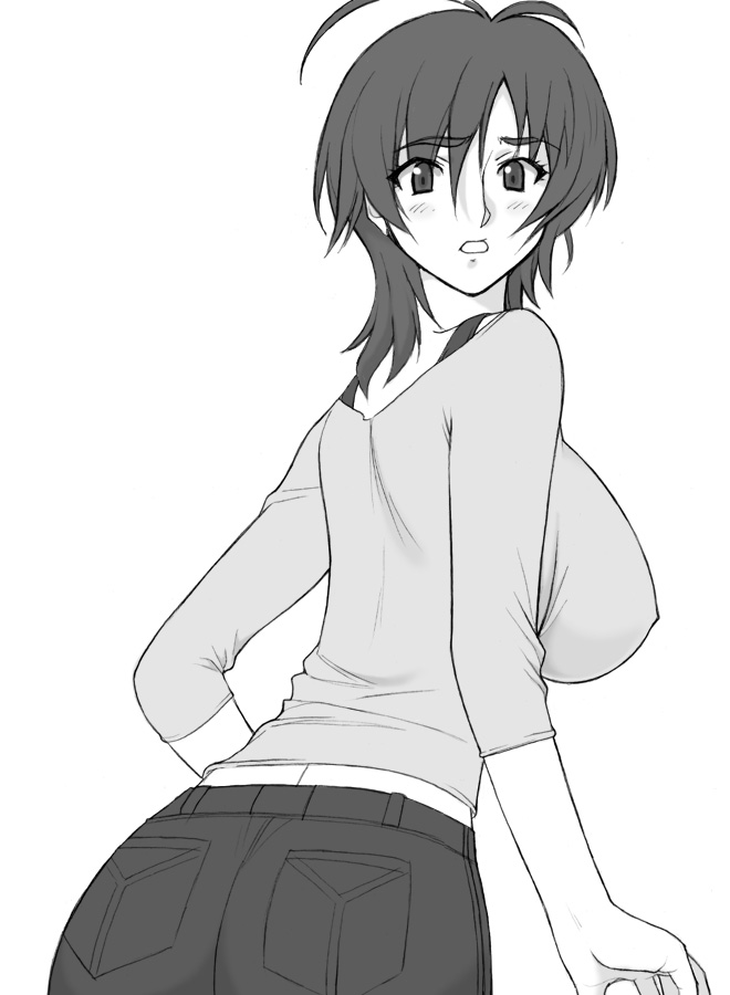 shichimenchou, amaha masane, witchblade, 00s, 1girl, artistic error, breasts, covered erect nipples, female focus, greyscale, large breasts, looking back, monochrome, simple background, solo