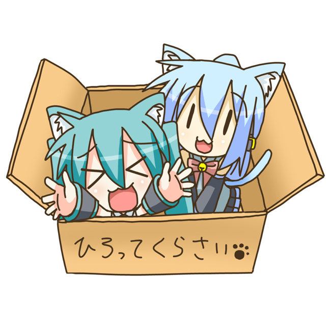 minami (colorful palette), chibi miku, hatsune miku, kiyone suzu, vocaloid, > <, :3, animal ears, aqua hair, blue hair, box, cardboard box, cat ears, cat tail, chibi, closed eyes, detached sleeves, for adoption, in box, in container, kemonomimi mode, long hair, tail, take me home, twintails, x3, | |