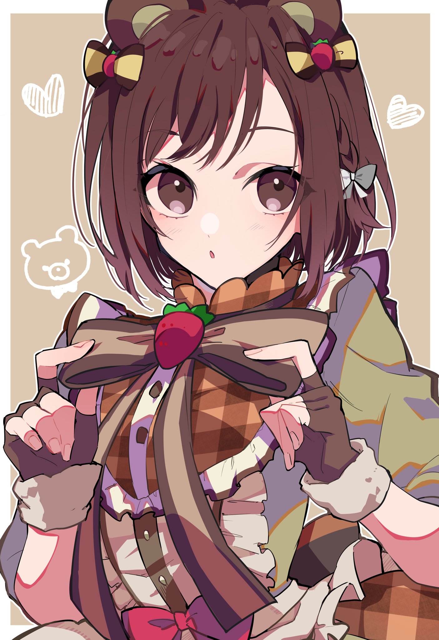nekoma hikaru, shinonome ena, project sekai, commentary request, highres, 1girl, adjusting bow, animal ears, bear ears, black gloves, border, bow, braid, brown eyes, brown hair, eyelashes, fingerless gloves, food-themed hair ornament, gloves, hair ornament, kemonomimi mode, looking at viewer, parted lips, short hair, solo, strawberry hair ornament, striped bow, upper body, white border