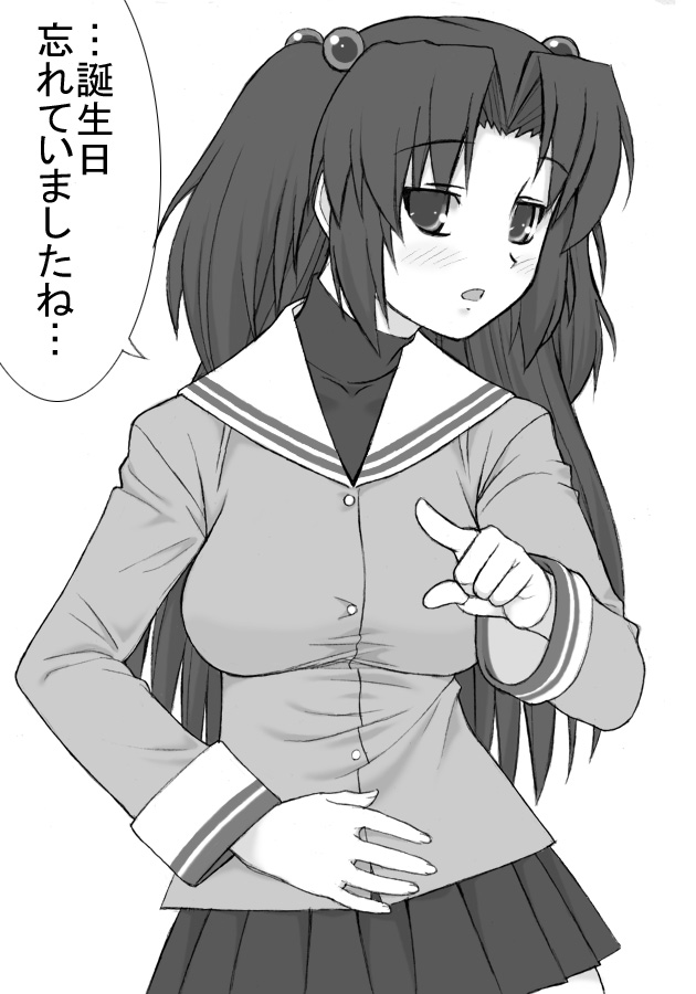shichimenchou, ichinose kotomi, clannad, translation request, 00s, 1girl, female focus, greyscale, hair bobbles, hair ornament, long hair, monochrome, pointing, school uniform, simple background, solo, twintails, two side up