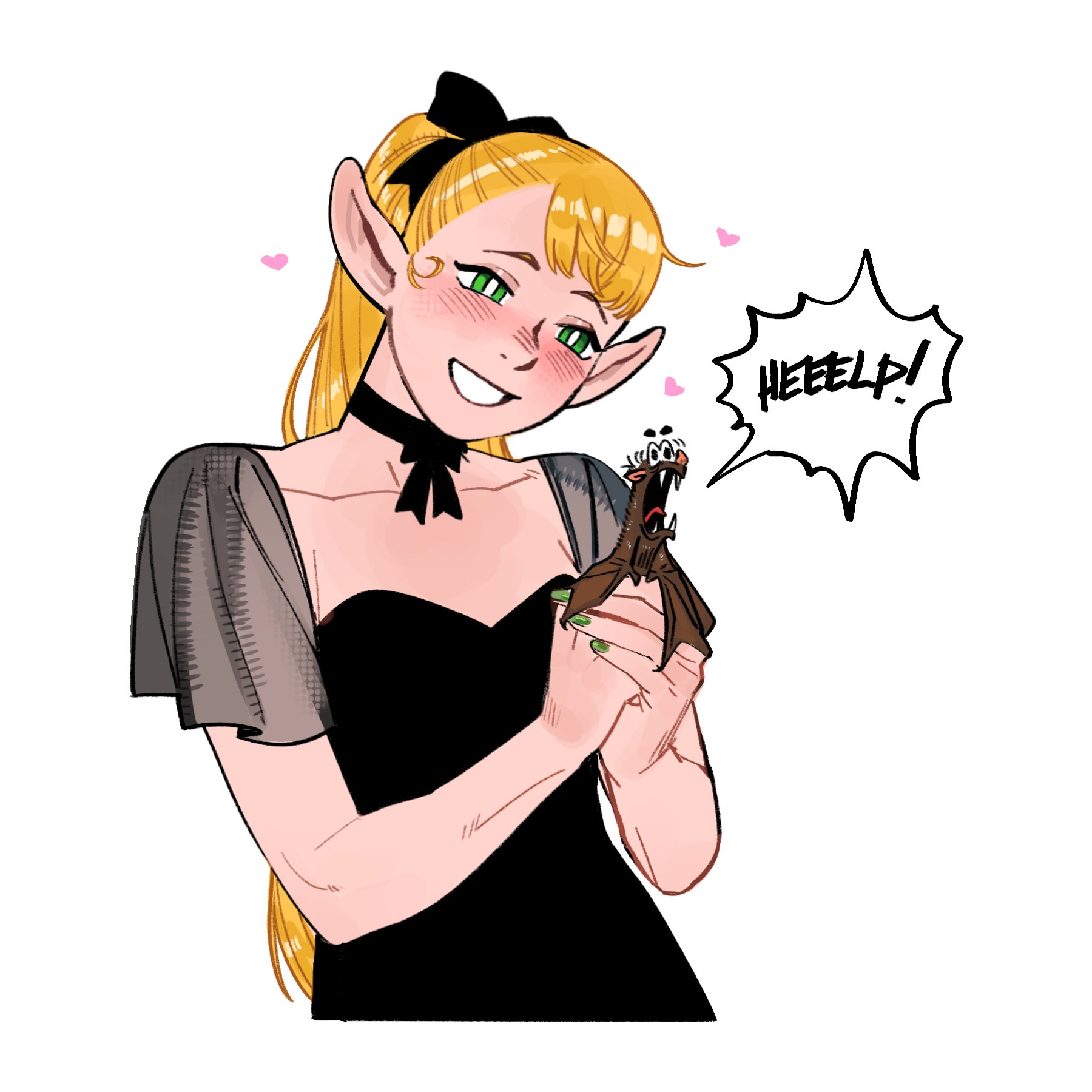 aatom87, marcille donato, dungeon meshi, commentary, english commentary, highres, 1girl, animal, bat (animal), black choker, black dress, blonde hair, breasts, choker, dress, green eyes, green nails, heart, holding, holding animal, long hair, pointy ears, ponytail, small breasts, smile, solo, upper body