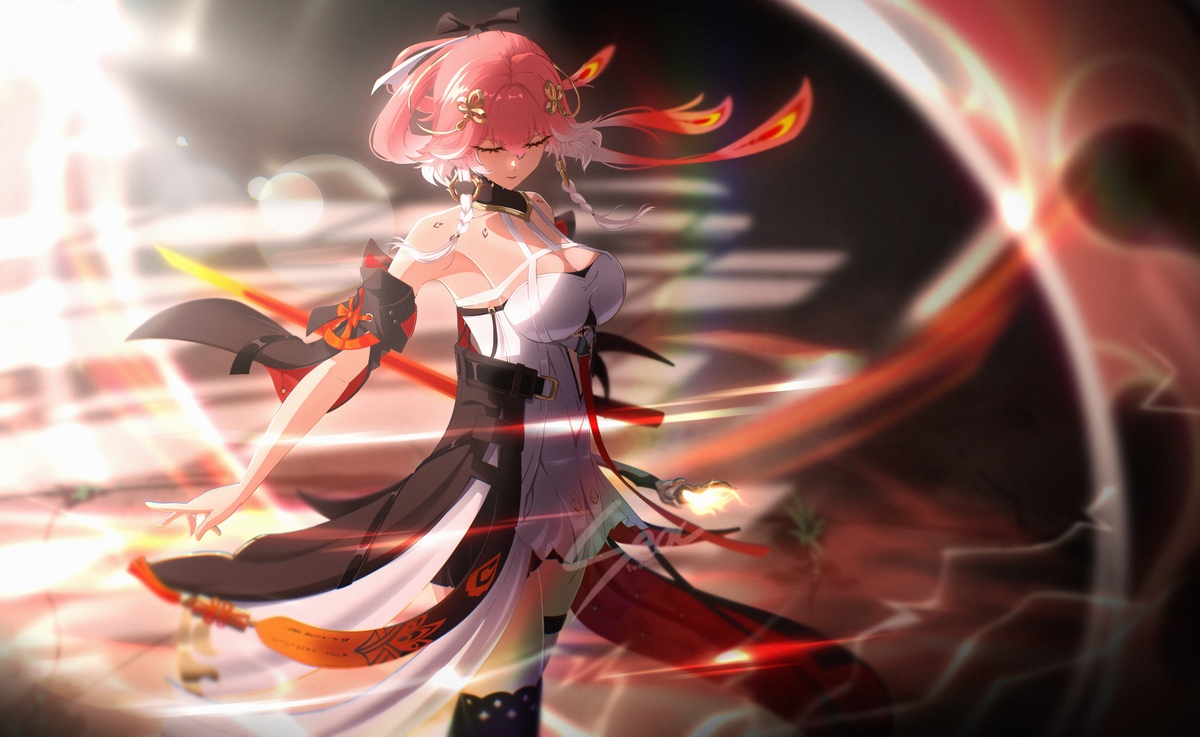 seoc studios, changli (wuthering waves), wuthering waves, commentary, 1girl, bare shoulders, black jacket, body markings, braid, breasts, cleavage, closed eyes, detached sleeves, dress, feather hair, hair between eyes, hair extensions, hair ornament, holding, holding sword, holding weapon, jacket, large breasts, long hair, multicolored hair, pink hair, ring hair extensions, short sleeves, solo, sword, thigh strap, thighs, twin braids, two-tone hair, weapon, white dress, white hair