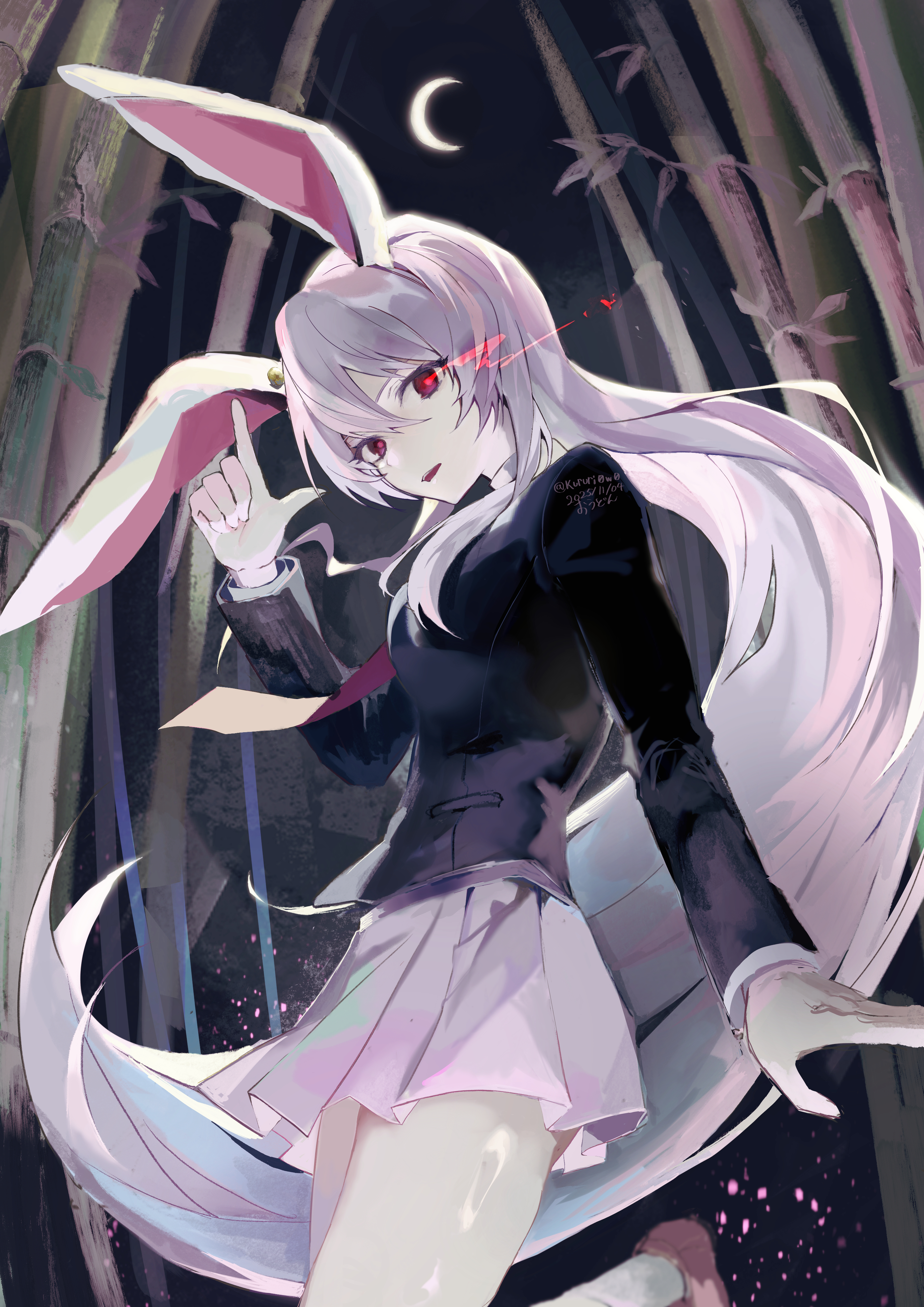 yonglai tian, reisen udongein inaba, touhou, absurdres, commentary request, highres, 1girl, animal ears, artist name, bamboo, bamboo forest, black jacket, black sky, breasts, collared shirt, cowboy shot, crescent moon, dated, floating hair, forest, hair between eyes, hand up, index finger raised, jacket, lapels, long hair, long sleeves, looking at viewer, medium breasts, miniskirt, moon, nature, necktie, night, night sky, open mouth, outdoors, pink shoes, pink skirt, pleated skirt, purple hair, rabbit ears, rabbit girl, red eyes, red necktie, red pupils, shirt, shoes, sidelocks, skirt, sky, smile, socks, solo, standing, standing on one leg, teeth, white shirt, white socks