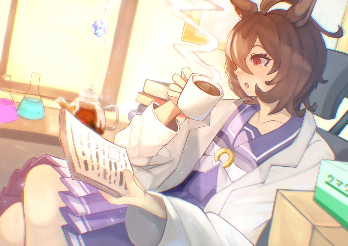 iko (saikoro k0702), agnes tachyon (umamusume), umamusume, 1girl, ahoge, animal ears, beaker, blush, book, book stack, bow, bowtie, brown hair, chair, chemicals, coat, coffee, collarbone, crossed legs, cup, earrings, hair between eyes, holding, holding cup, holding paper, horse ears, horse girl, huge ahoge, jewelry, kettle, lab coat, long sleeves, medium hair, open clothes, open coat, open mouth, paper, purple sailor collar, purple serafuku, purple shirt, purple skirt, red eyes, sailor collar, sailor shirt, school uniform, serafuku, shirt, single earring, sitting, skirt, solo, steaming cup, tracen school uniform, white bow, white bowtie, white coat