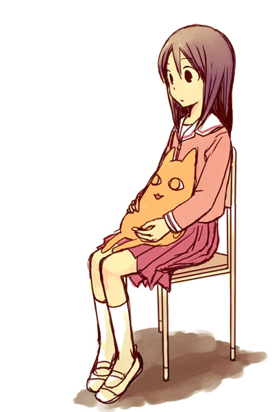 yamasato, kasuga ayumu, mihama chiyo's father, azumanga daiou, bad id, bad pixiv id, 1girl, brown eyes, brown hair, chair, female focus, full body, kneehighs, loafers, long sleeves, looking afar, on chair, pleated skirt, red skirt, shoes, simple background, skirt, socks, solo, stuffed animal, stuffed cat, stuffed toy, white background