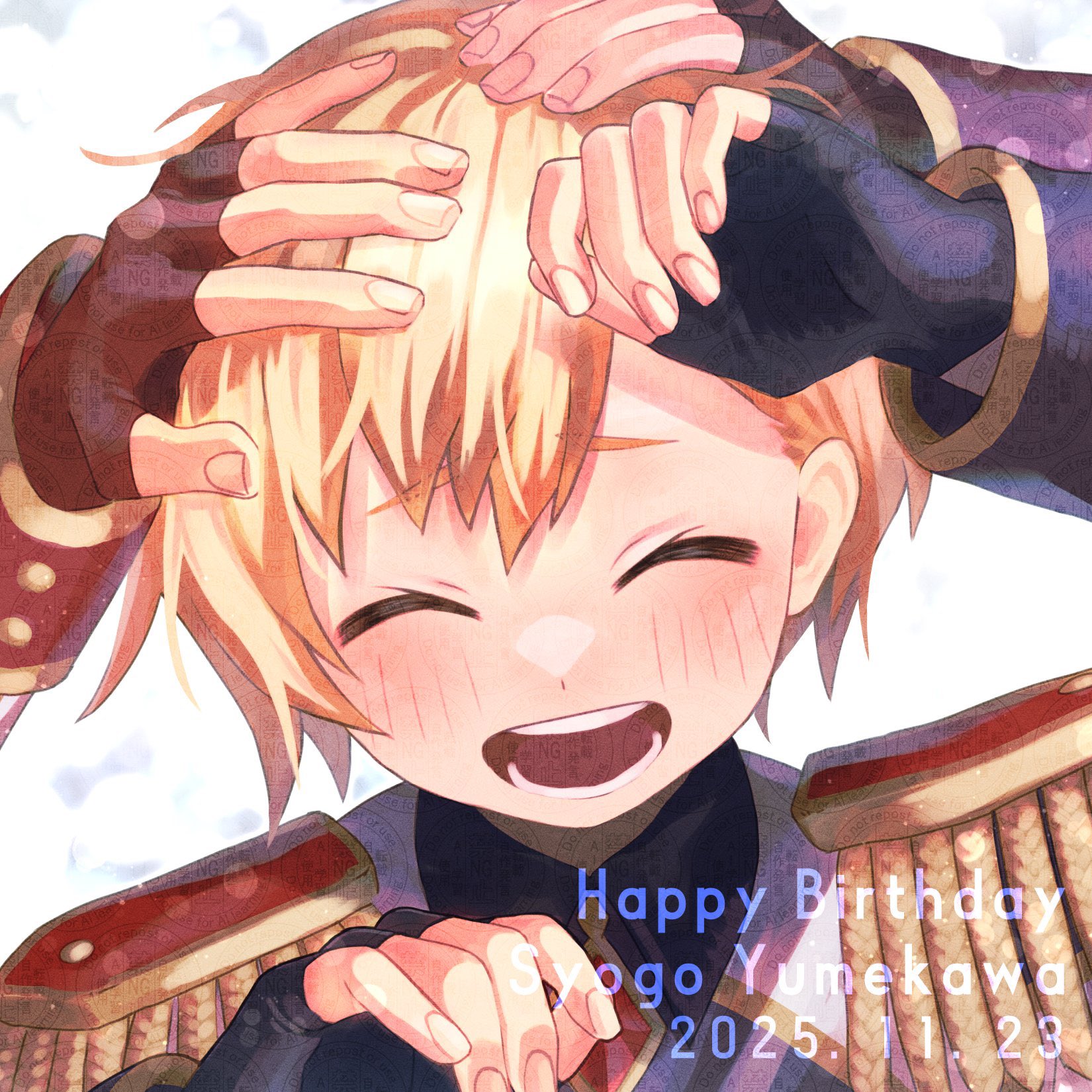 yumekawa shogo, idol time pripara, pretty series, pripara, commentary request, highres, 3boys, :d, ^ ^, black gloves, blonde hair, character name, closed eyes, dated, epaulettes, facing viewer, fingerless gloves, gloves, hand on another's head, happy birthday, headpat, long sleeves, male focus, mitaka asahi, multiple boys, nu (null2 tour with), open mouth, out of frame, short hair, smile, solo focus, takase koyoi, upper body, white background