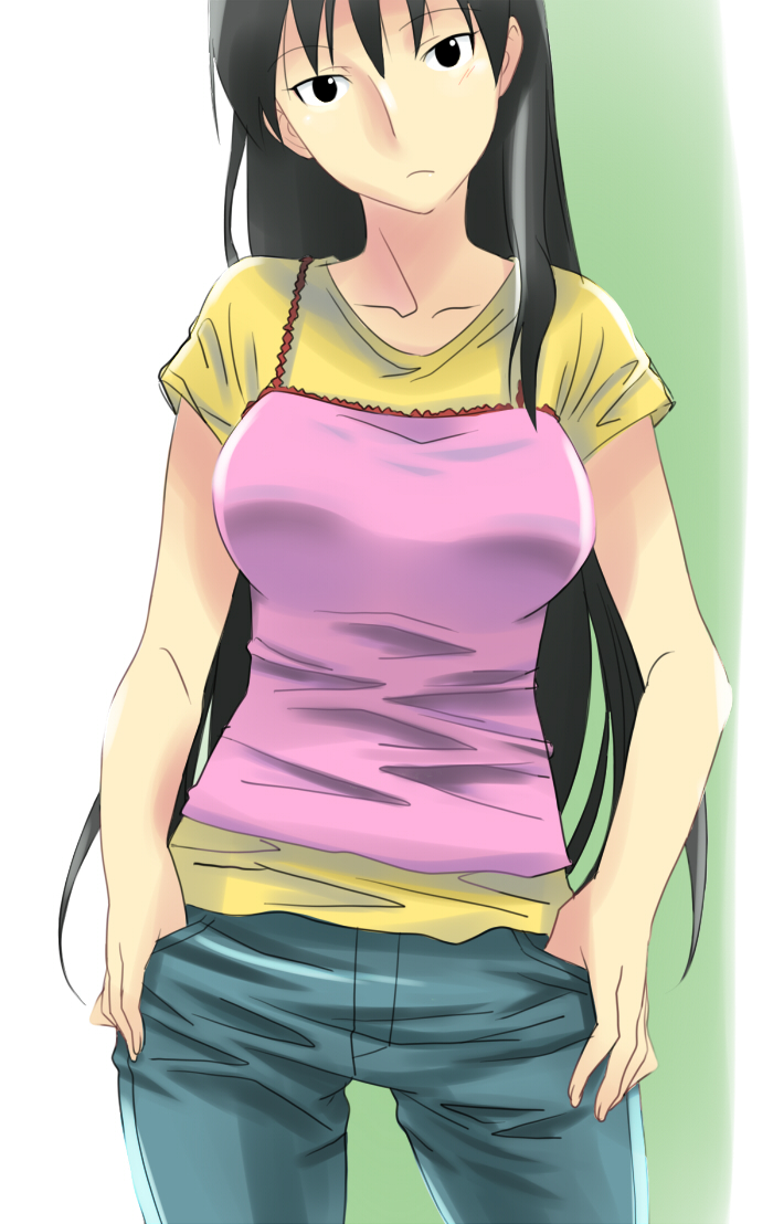 mas (5734ghji), sakaki (azumanga daioh), azumanga daiou, azumanga daiou hoshuu-hen, 1girl, black eyes, black hair, breasts, casual, denim, female focus, hands in pockets, jeans, large breasts, long hair, pants, shirt, solo, t-shirt