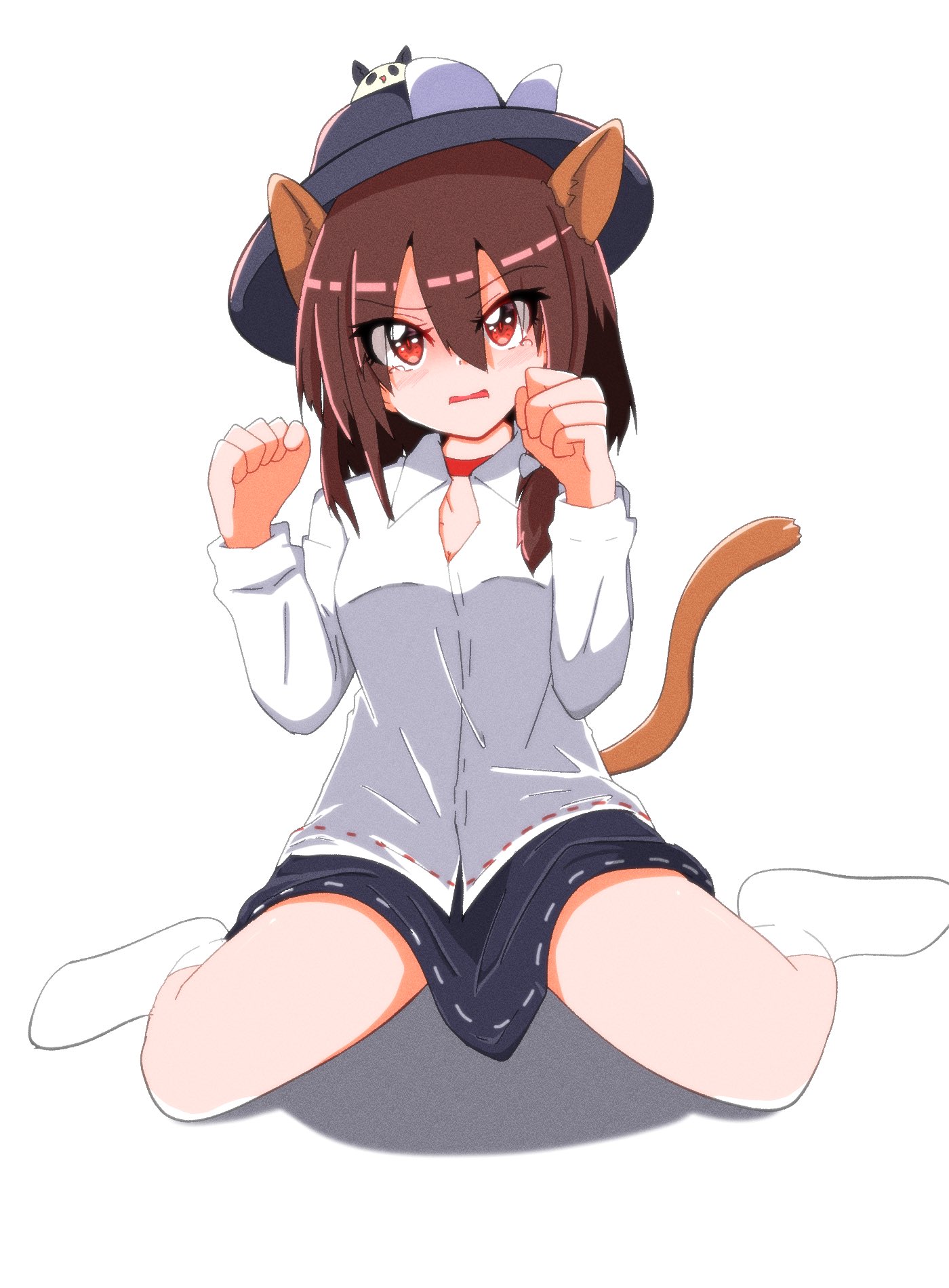 bone vone, usami renko, touhou, commentary request, highres, 1girl, animal ears, asymmetrical hair, black hat, black skirt, blush, bow, brown hair, clenched hands, collar, film grain, flustered, full body, hair bow, hat, hat bow, kemonomimi mode, long sleeves, looking at viewer, open mouth, panda, red eyes, ribbon-trimmed shirt, ribbon-trimmed skirt, ribbon trim, shirt, simple background, sitting, skirt, socks, solo, tail, tearing up, wariza, white background, white bow, white shirt, white socks