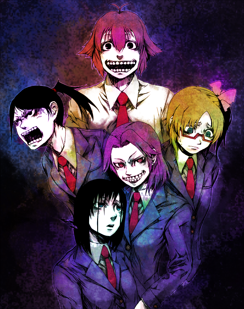 mado (mukade tou), kajiki yumi, kanbara satomi, senoo kaori, touyoko momoko, tsuyama mutsuki, saki (manga), 00s, 5girls, :d, androgynous, black hair, blonde hair, colored skin, creepy, evil smile, glasses, horror (theme), looking at viewer, multiple girls, necktie, open mouth, ponytail, purple hair, red-framed eyewear, red necktie, semi-rimless eyewear, short hair, smile, teeth, under-rim eyewear, white skin