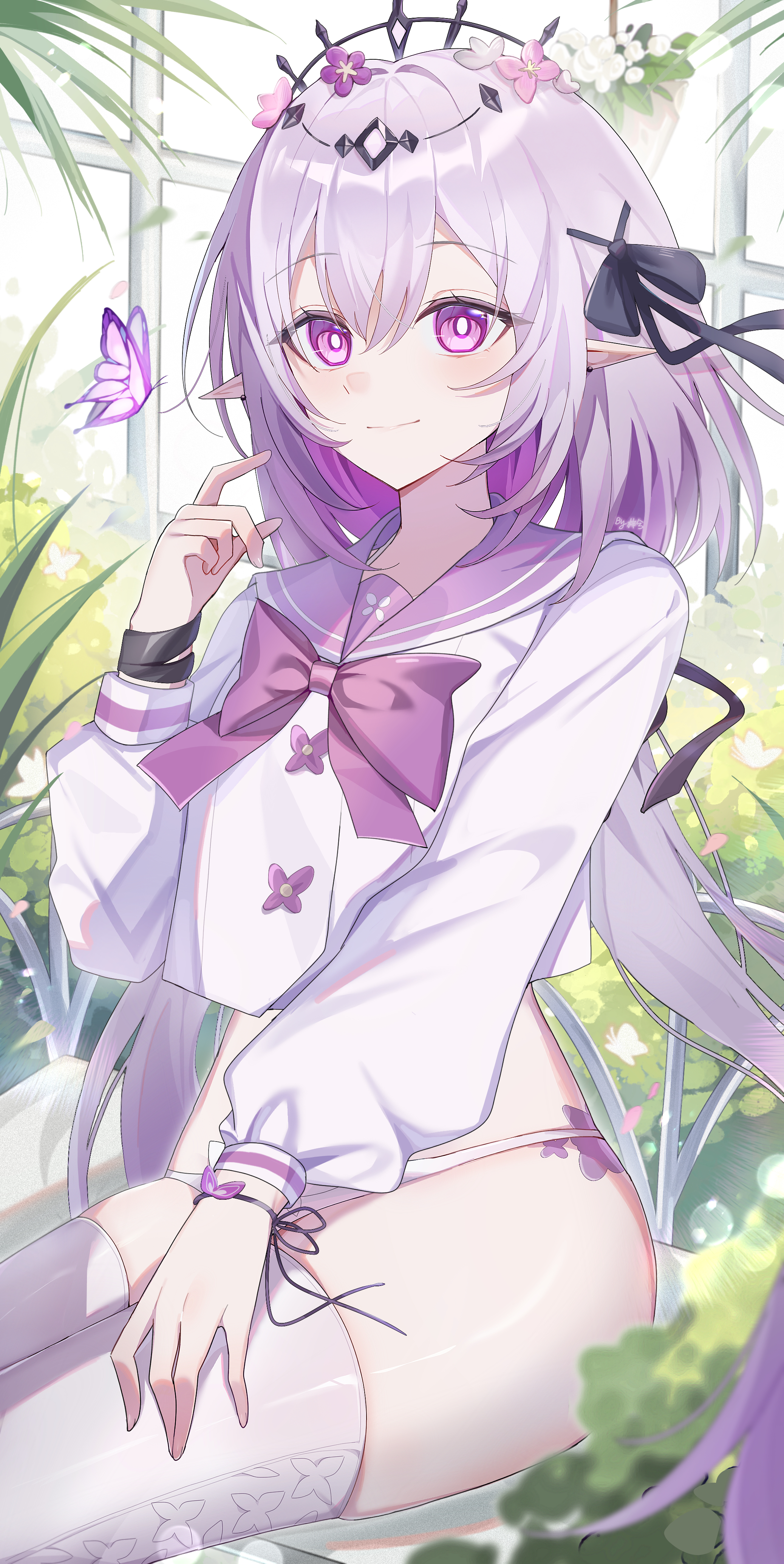 zixi, castorice (honkai: star rail), honkai: star rail, honkai (series), absurdres, commentary, highres, variant set, 1girl, bikini, bikini bottom only, black tiara, blush, bow, bowtie, breasts, bug, butterfly, cleavage, closed mouth, hair bow, hand up, indoors, insect, large breasts, long hair, looking at viewer, pointy ears, purple bow, purple bowtie, purple butterfly, purple eyes, purple hair, purple sailor collar, sailor collar, shirt, sidelocks, sitting, smile, solo, swimsuit, thighhighs, thighs, tiara, very long hair, white bikini, white shirt, white thighhighs