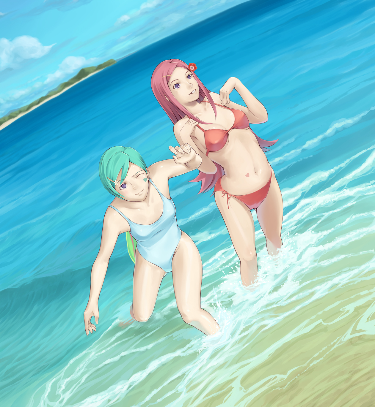 niku, nikuoji, anemone (eureka seven), eureka (eureka seven), eureka seven, eureka seven (series), highres, 00s, 2girls, bikini, day, green hair, long hair, multiple girls, one-piece swimsuit, one eye closed, panties, red hair, side-tie bikini bottom, side-tie panties, smile, swimsuit, underwear, wink