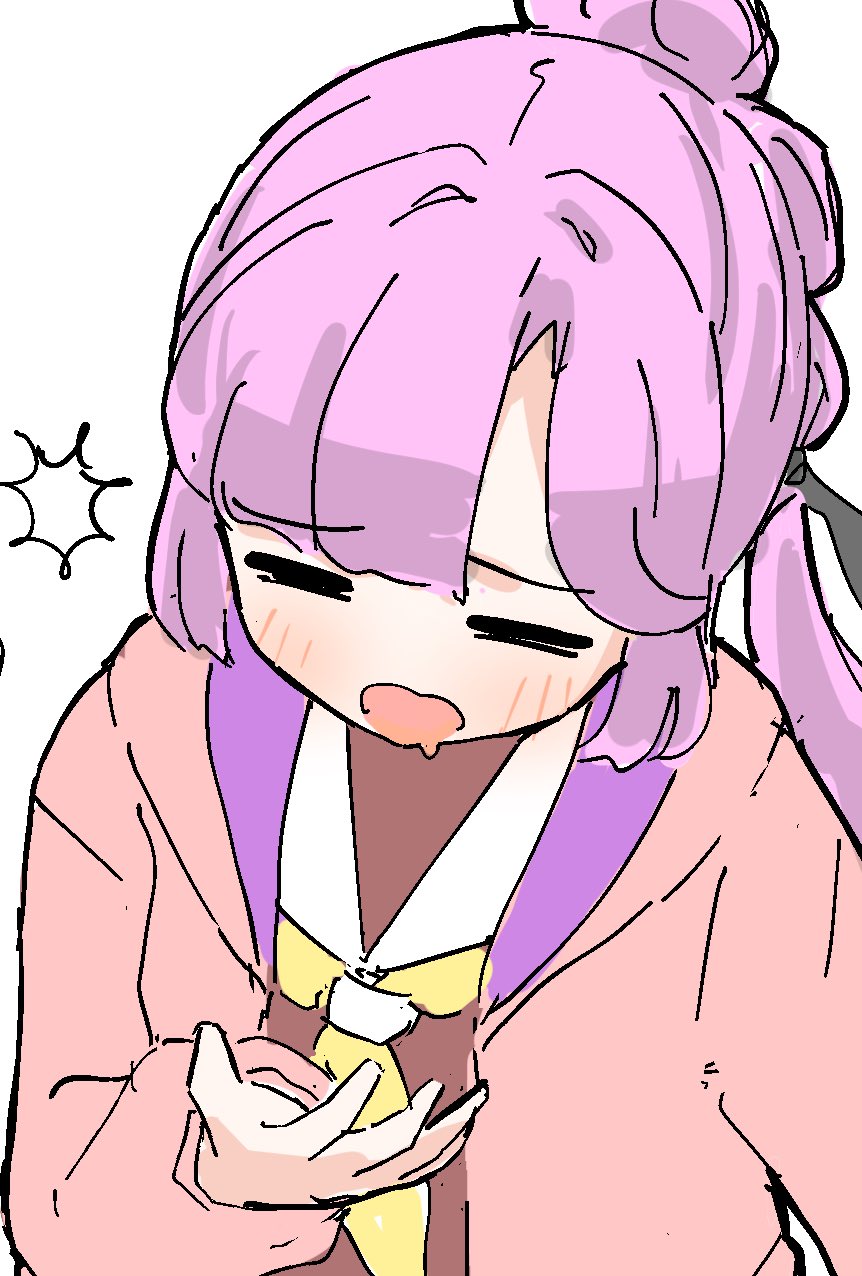 tazaki masanobu, anyoji hime, link! like! love live!, love live!, commentary request, highres, 1girl, = =, black ribbon, blush, brown dress, closed eyes, dress, drooling, facing viewer, hair ribbon, hand up, hasu no sora school uniform, hood, hood down, hooded jacket, jacket, long hair, long sleeves, mouth drool, multi-tied hair, neckerchief, open clothes, open jacket, open mouth, pink hair, pink jacket, ponytail, ribbon, sailor collar, sailor dress, school uniform, sidelocks, simple background, solo, upper body, virtual youtuber, white background, white sailor collar, winter uniform, yellow neckerchief