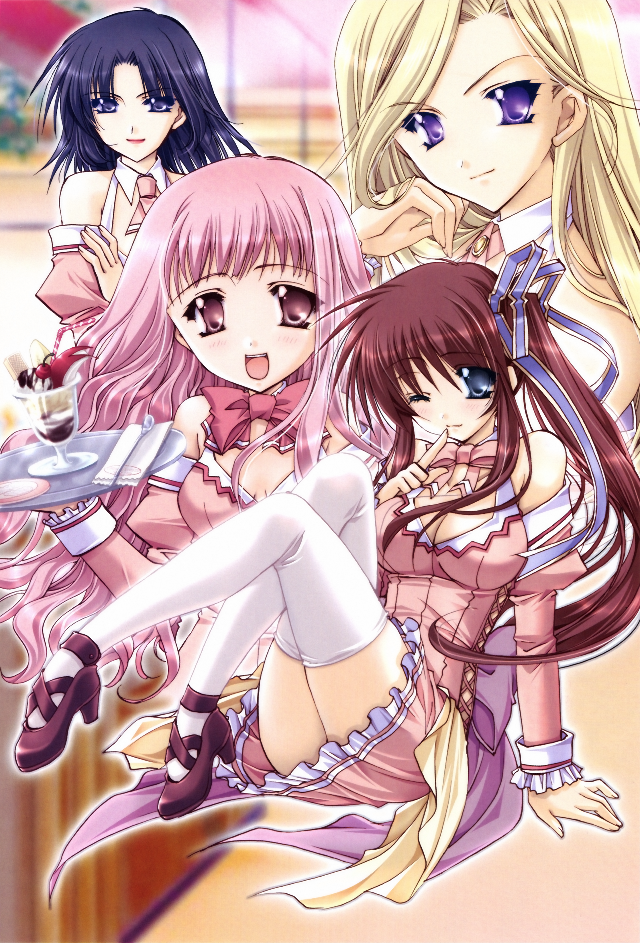 ryuuga shou, original, absurdres, highres, 4girls, blonde hair, blue eyes, breasts, cleavage, long hair, maid, medium breasts, multiple girls, pink hair, ribbon, small breasts, thighhighs