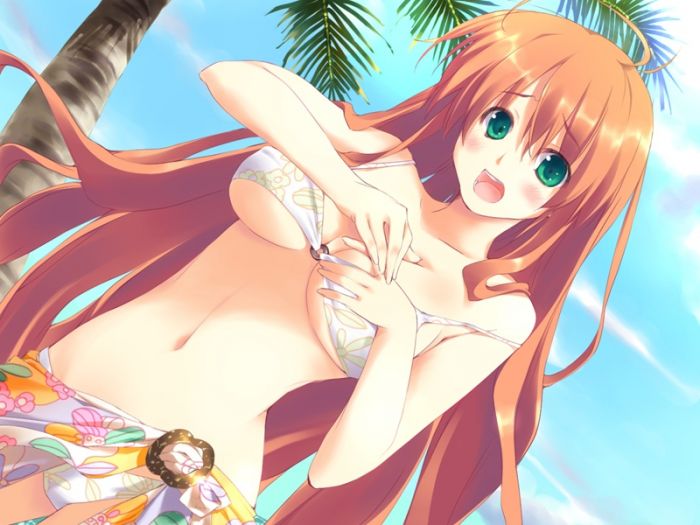 kokonoka, kamizuru onpu, wizard girl ambitious, game cg, 10s, 1girl, ahoge, bikini, blush, breasts, brown hair, covering breasts, covering privates, dutch angle, female focus, green eyes, long hair, open mouth, orange hair, sarong, solo, surprised, swimsuit, underboob, undersized clothes, very long hair